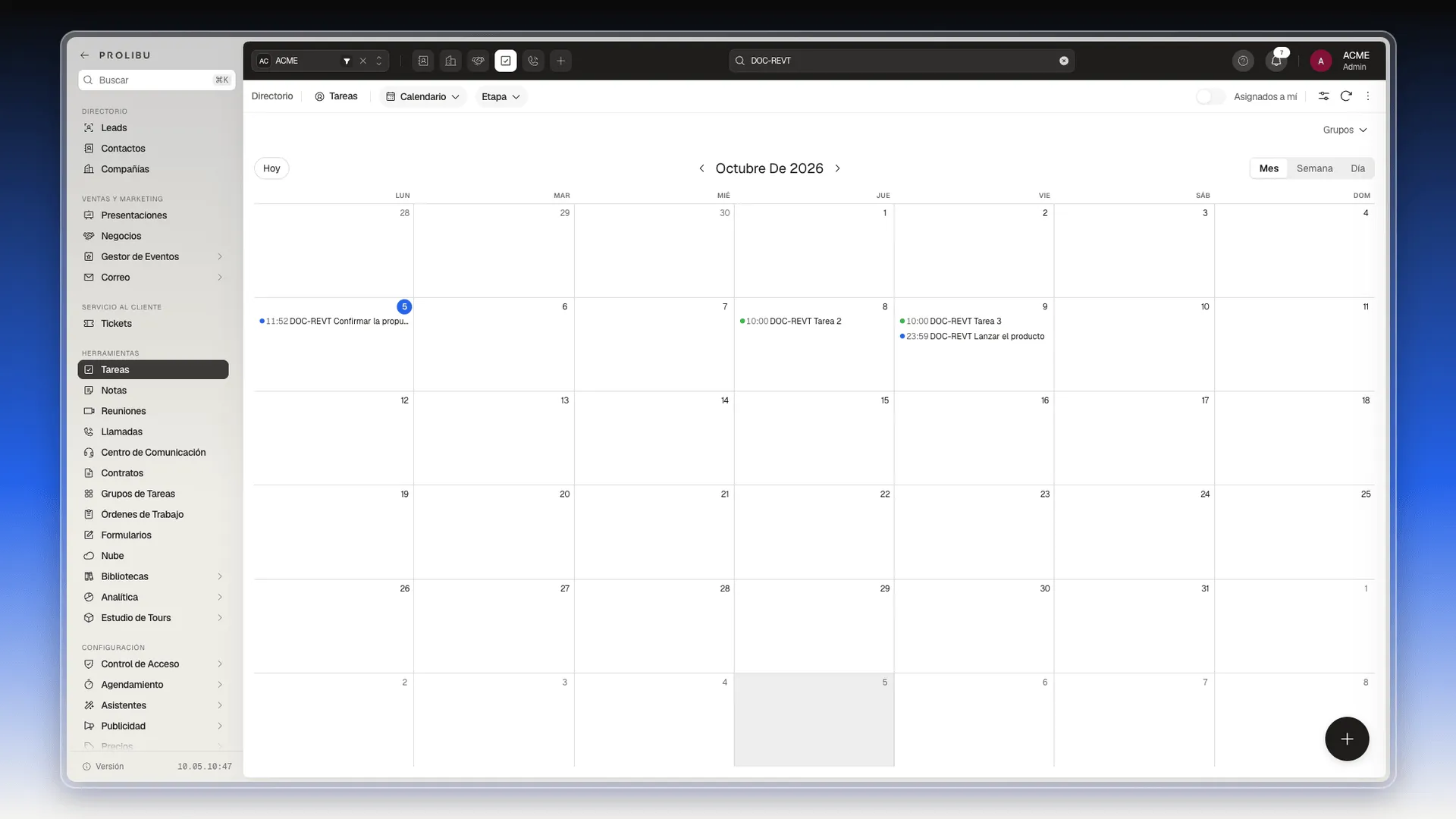 Vista Mes con una tarea que empieza el 6 de octubre y vence el 9, mostrada solo el día 9, junto a otras dos tareas en sus fechas de vencimiento