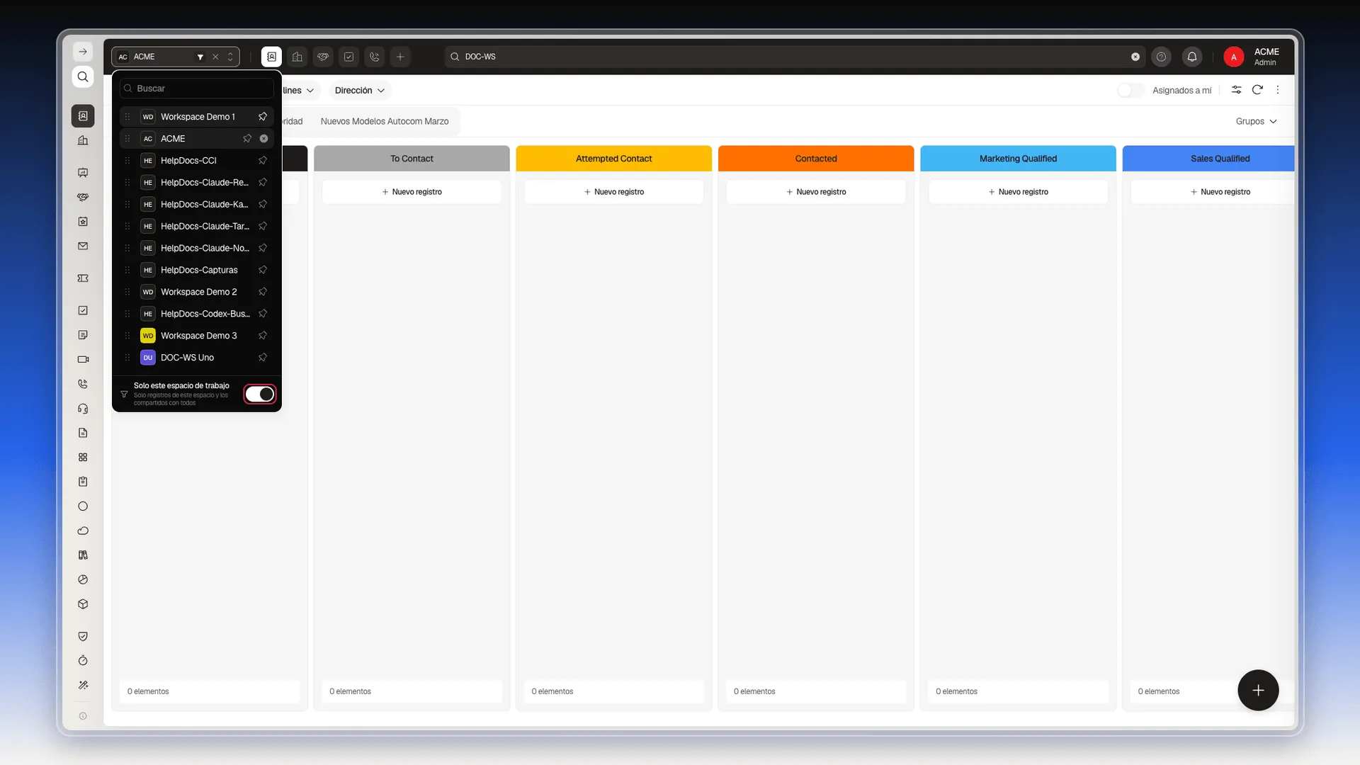 Selector de workspaces con el interruptor Solo este espacio de trabajo resaltado