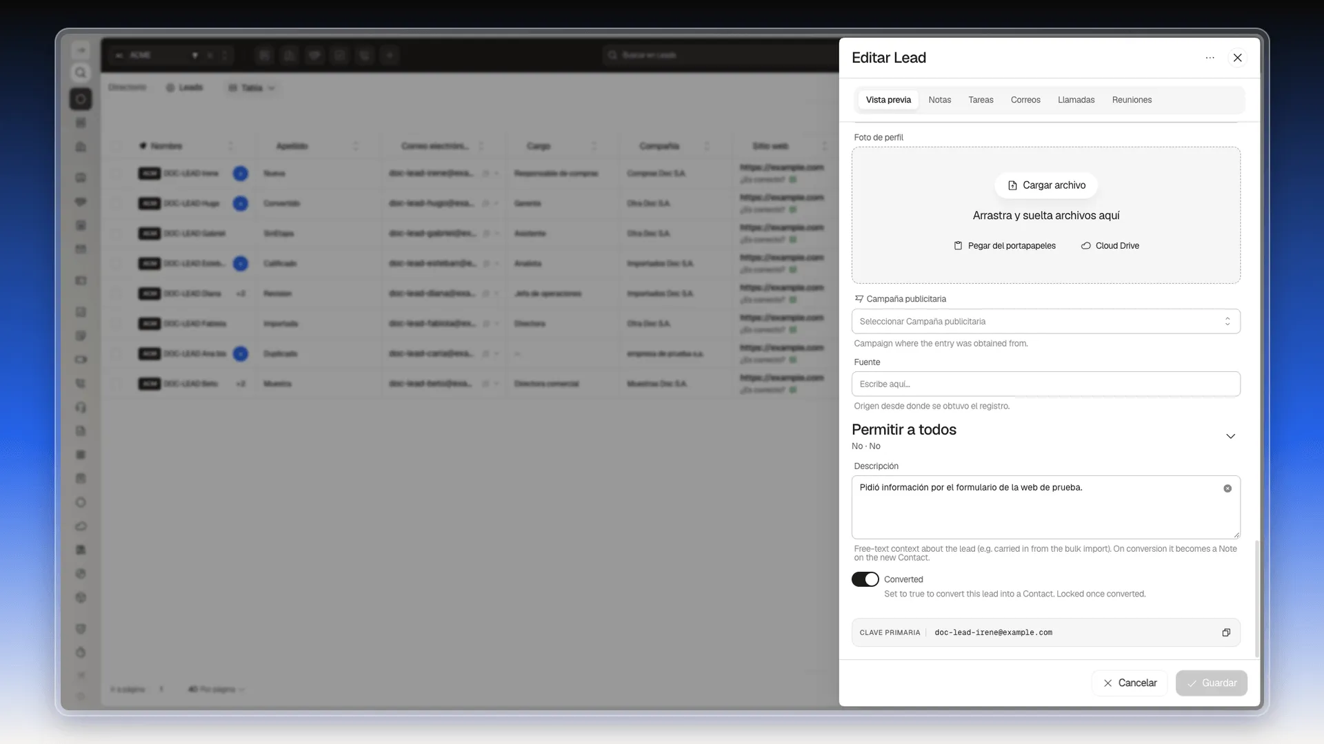 Final de la ficha de un lead convertido con el interruptor Converted encendido