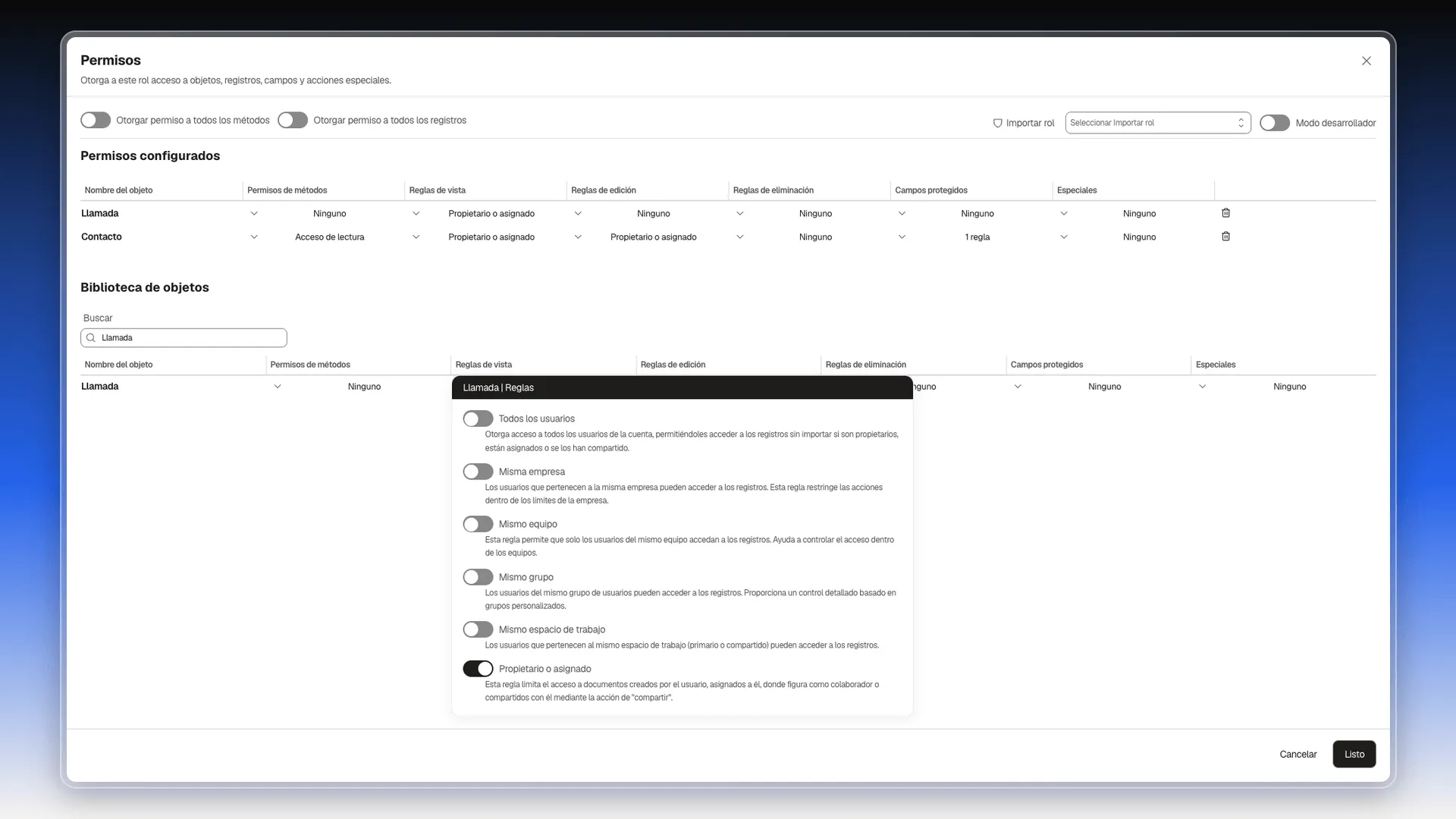 Editor Permisos con el panel Llamada | Reglas abierto y Propietario o asignado activado; arriba, Llamada ya aparece en Permisos configurados