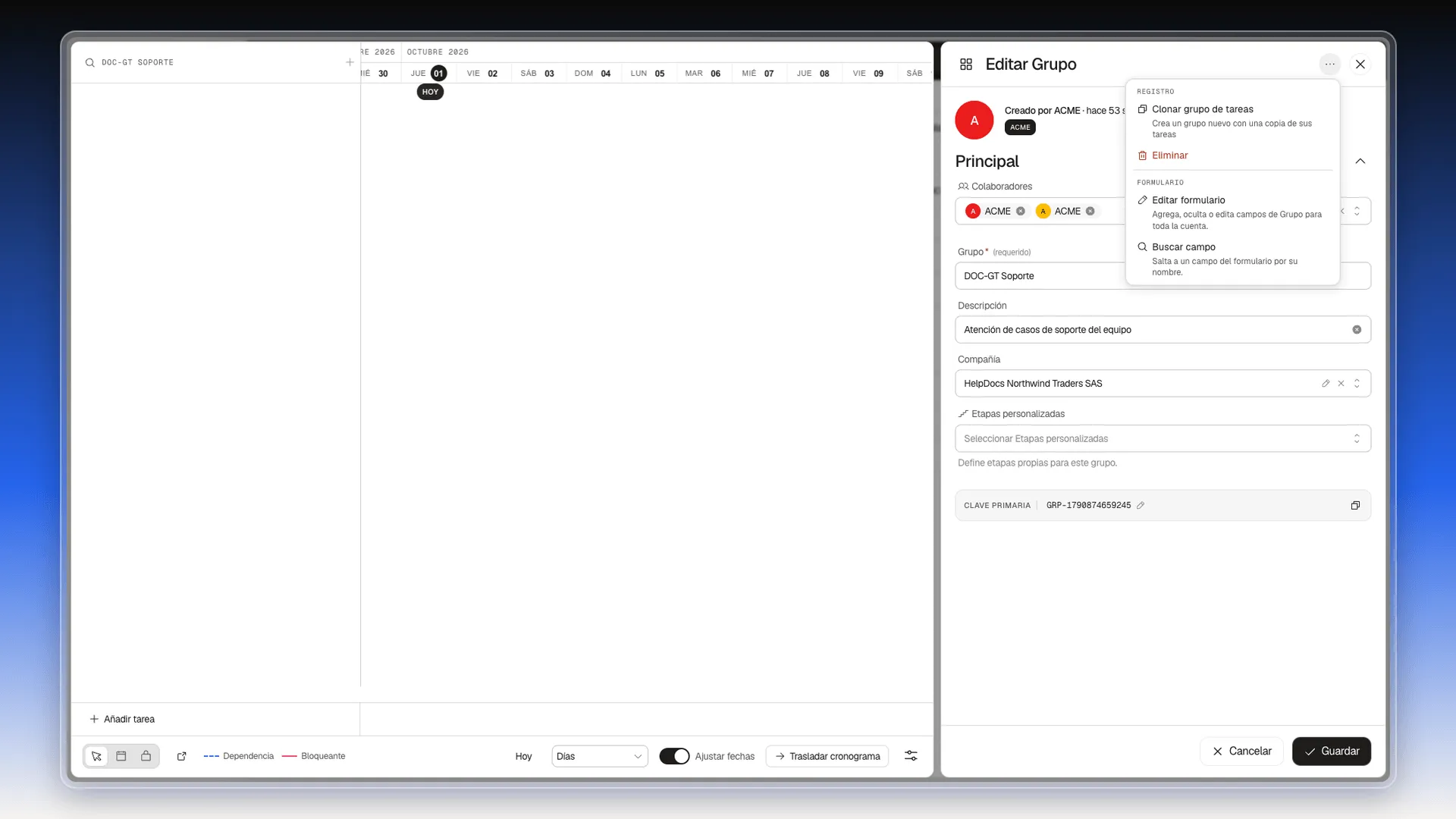 Menú de tres puntos del panel con Clonar grupo de tareas, Eliminar, Editar formulario y Buscar campo