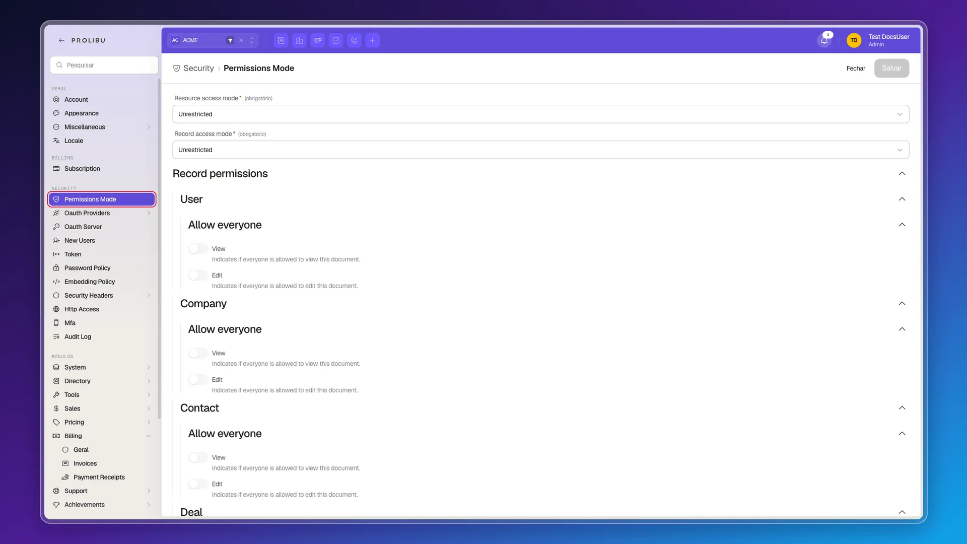 Painel Permissions Mode com Resource/Record access mode e a matriz Record permissions
