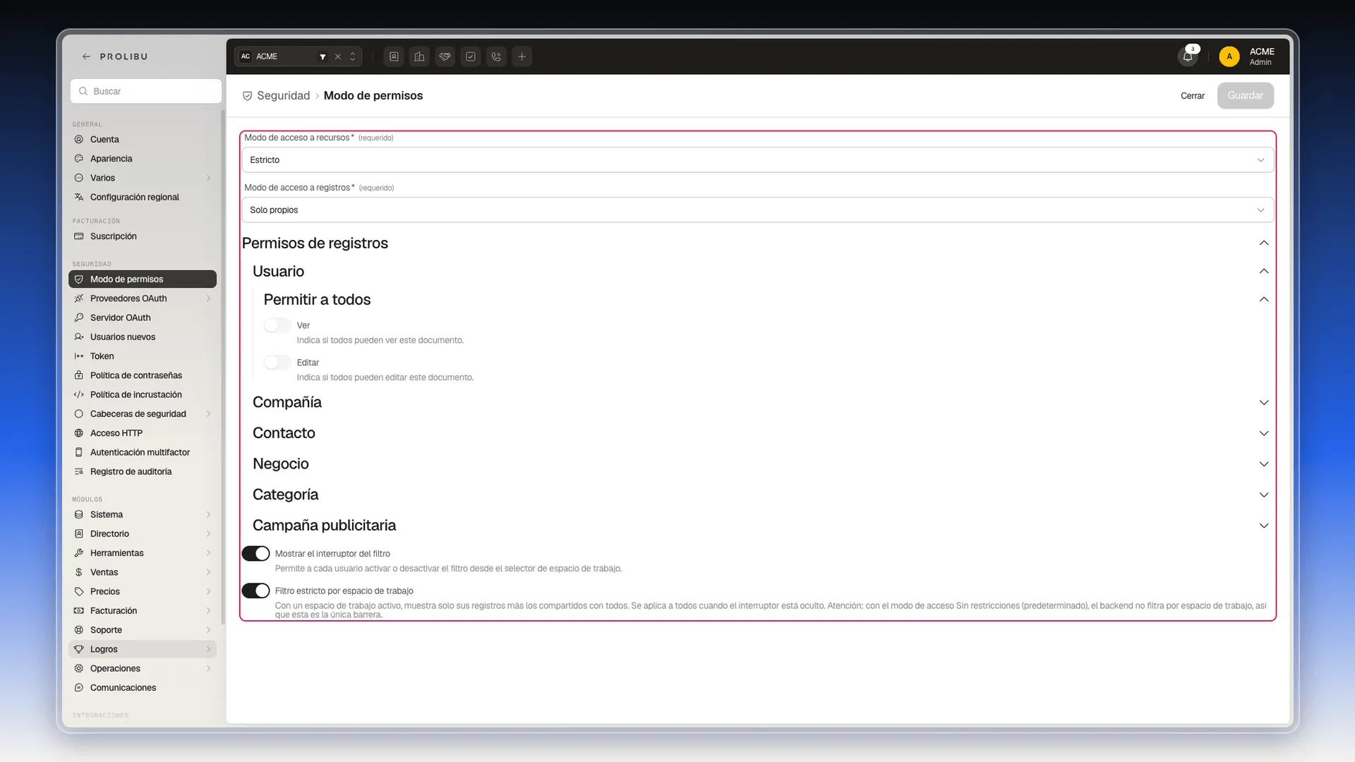 Panel Modo de permisos con Modo de acceso a recursos, Modo de acceso a registros y la lista Permisos de registros