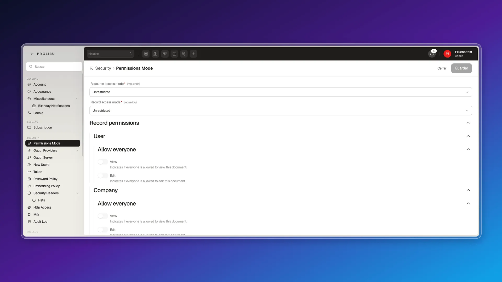 Permissions Mode panel with Resource/Record access mode and the Record permissions matrix
