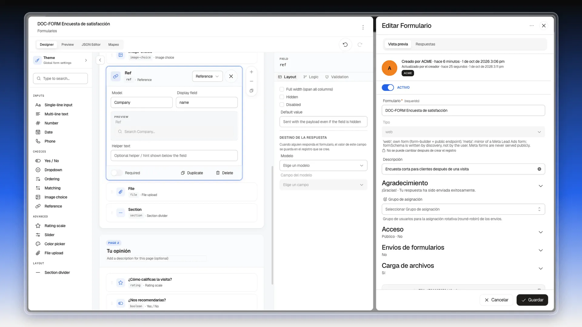Campo Reference abierto con Model Company, Display field name y el buscador en la vista previa