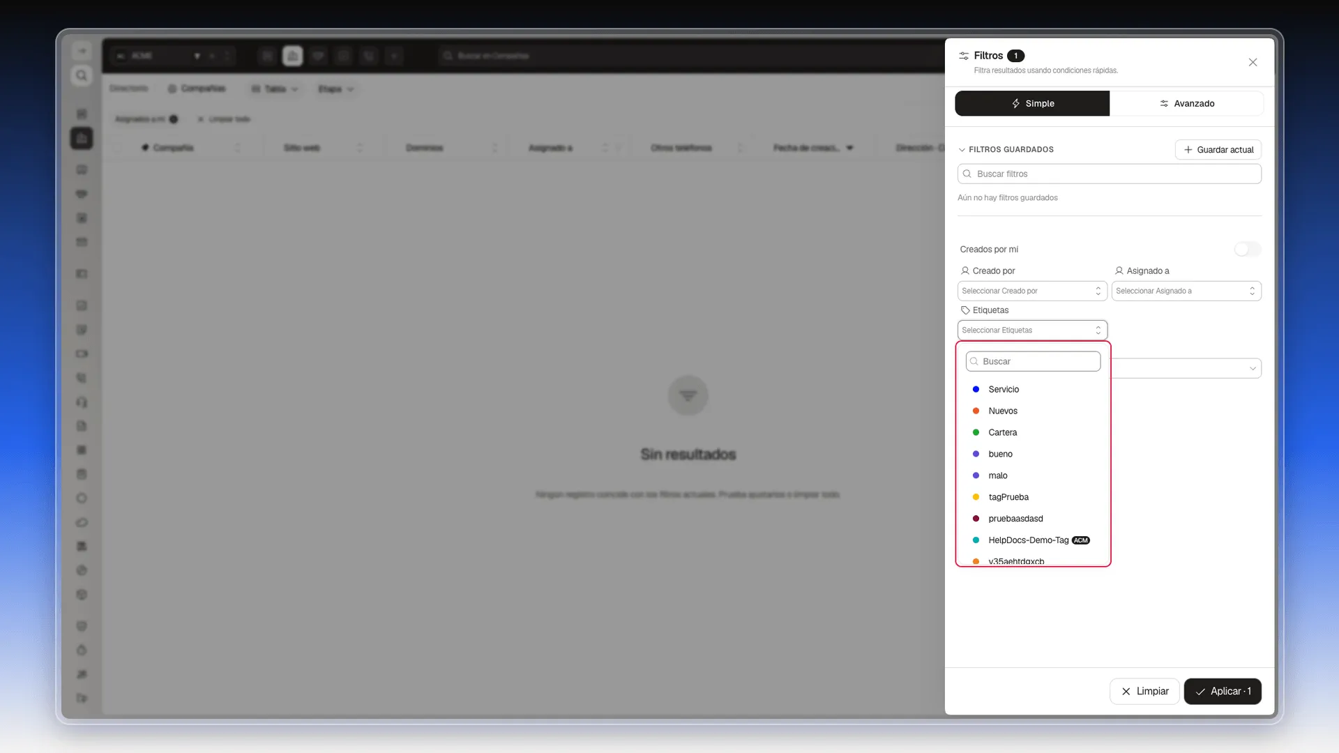Selector de etiquetas desplegado, con buscador y las etiquetas de la cuenta