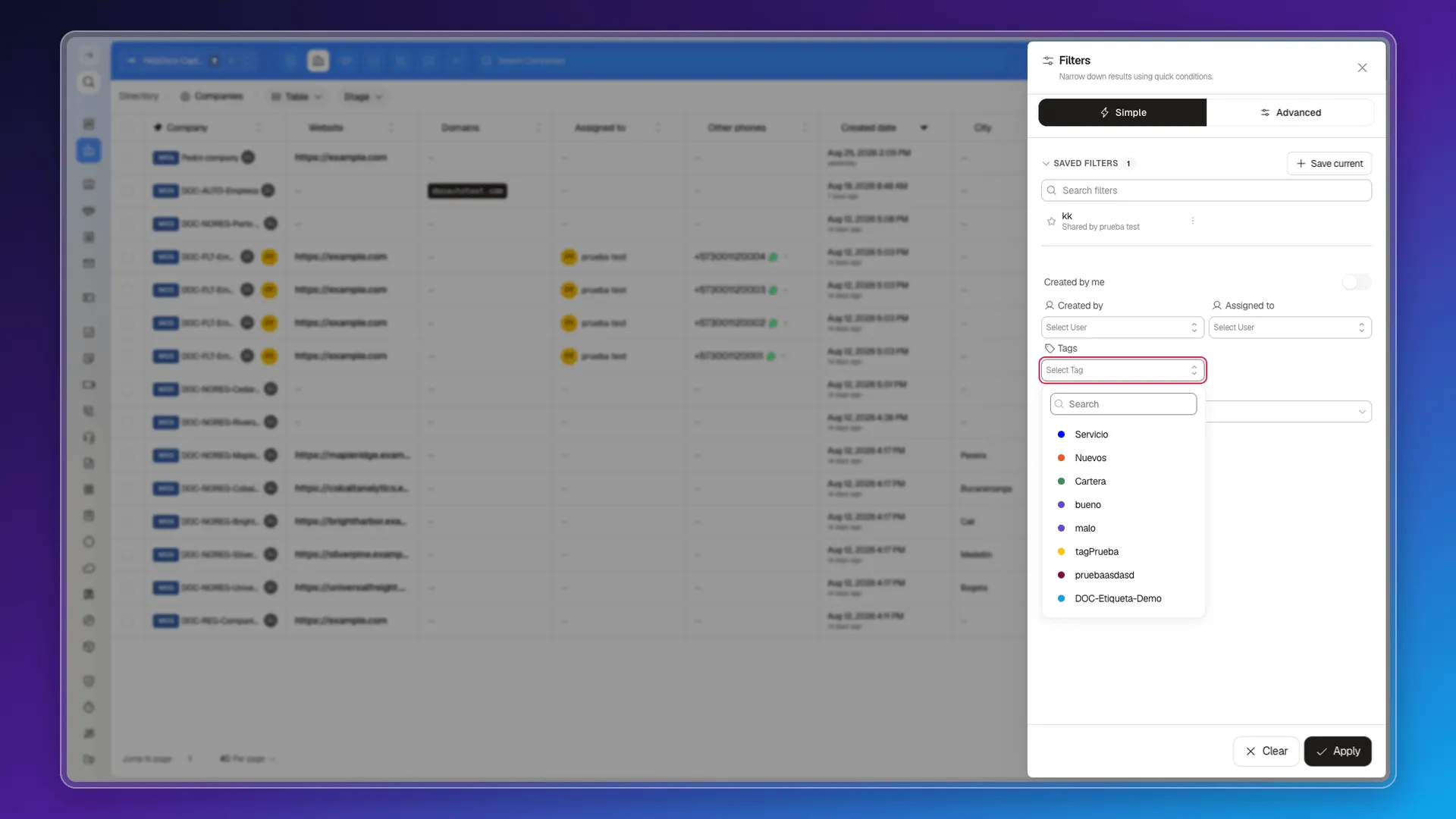 Tag selector expanded, with a search box and the account's tags