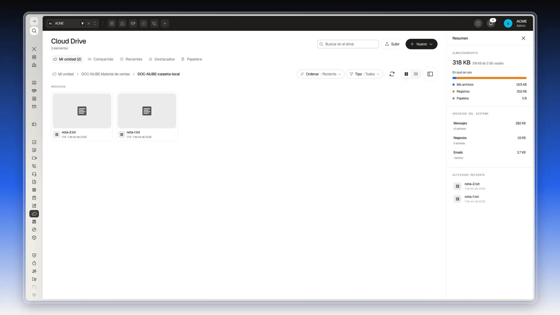 Carpeta subida desde el equipo, con sus dos archivos y la ruta de tres niveles arriba