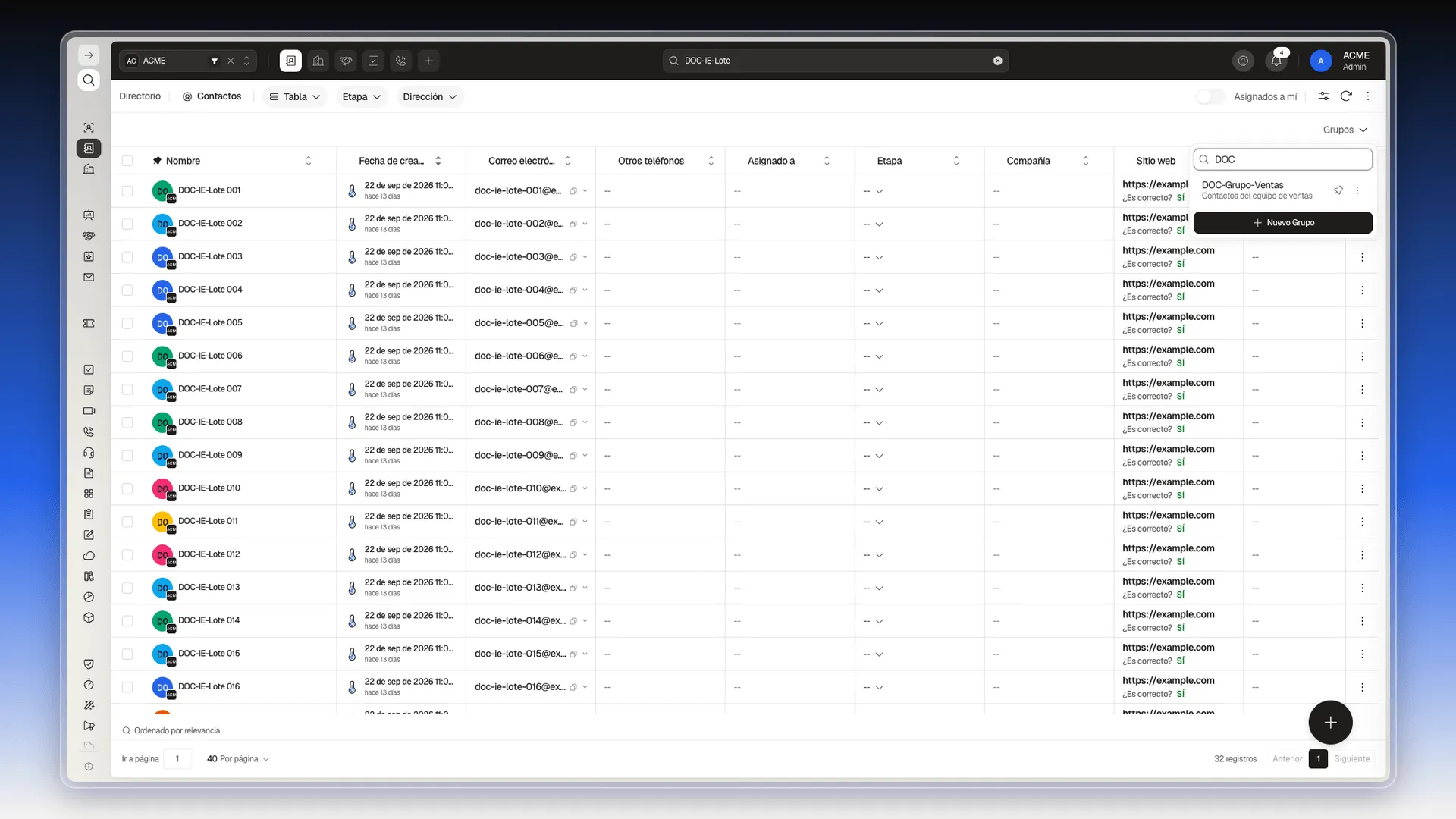 Panel de Grupos con DOC escrito en Buscar grupo y un único grupo en la lista, sobre el botón Nuevo Grupo