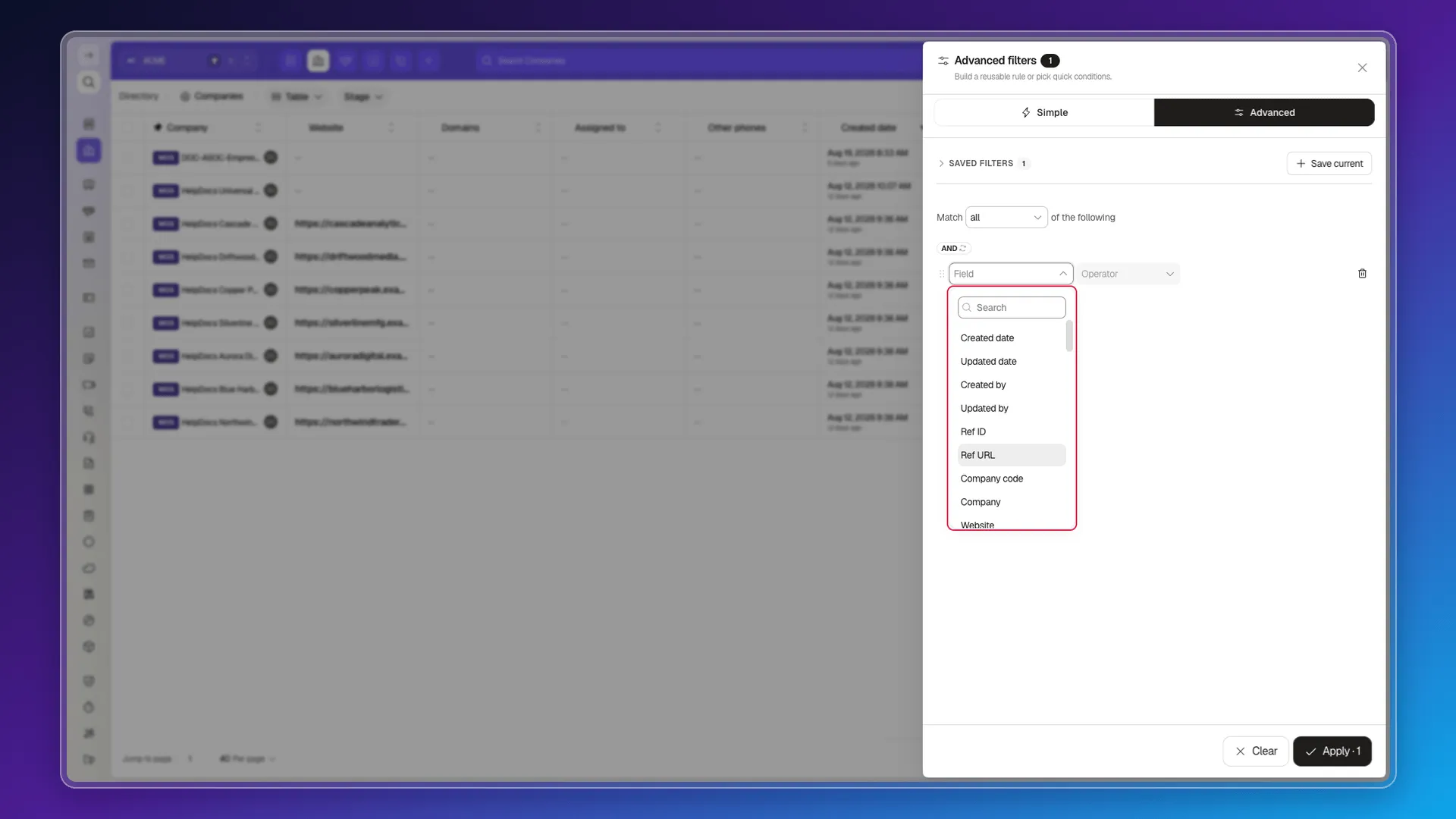 Field menu expanded in Companies, showing the list of available fields