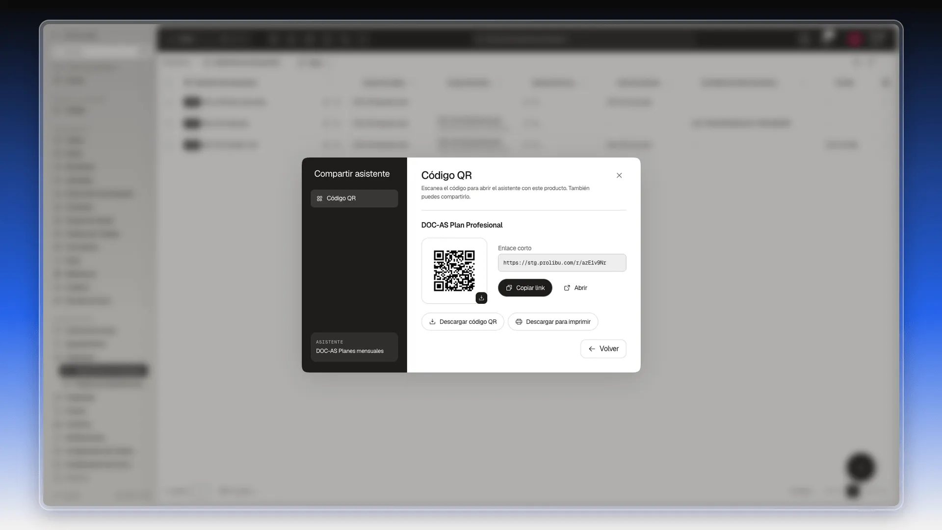 Ventana Compartir asistente con el código QR del producto DOC-AS Plan Profesional, su enlace corto y los botones de descarga