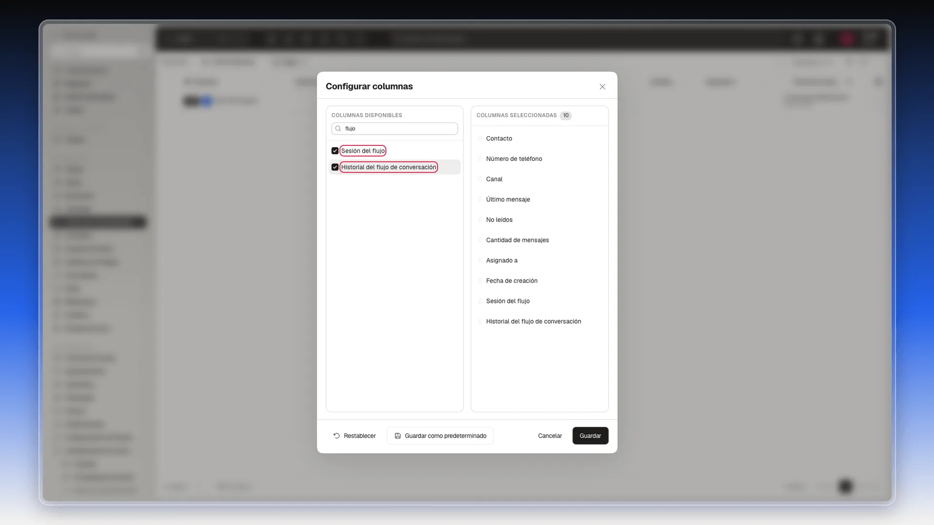 Diálogo Configurar columnas con Sesión del flujo e Historial del flujo de conversación marcadas y resaltadas