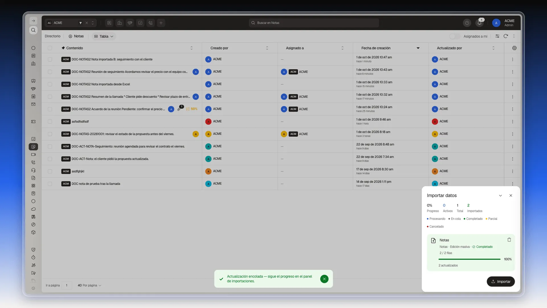 Aviso de actualización encolada y panel Importar datos con una edición masiva completada de 2 filas