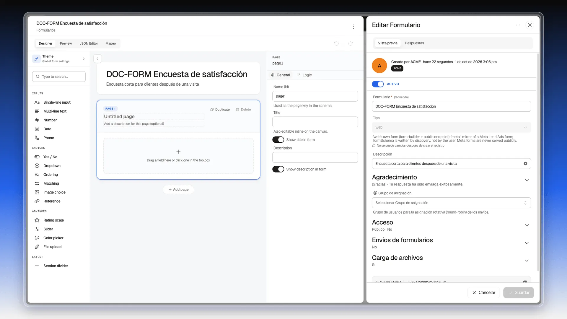 Editor del formulario recién creado con la página 1 vacía y el panel Editar Formulario a la derecha