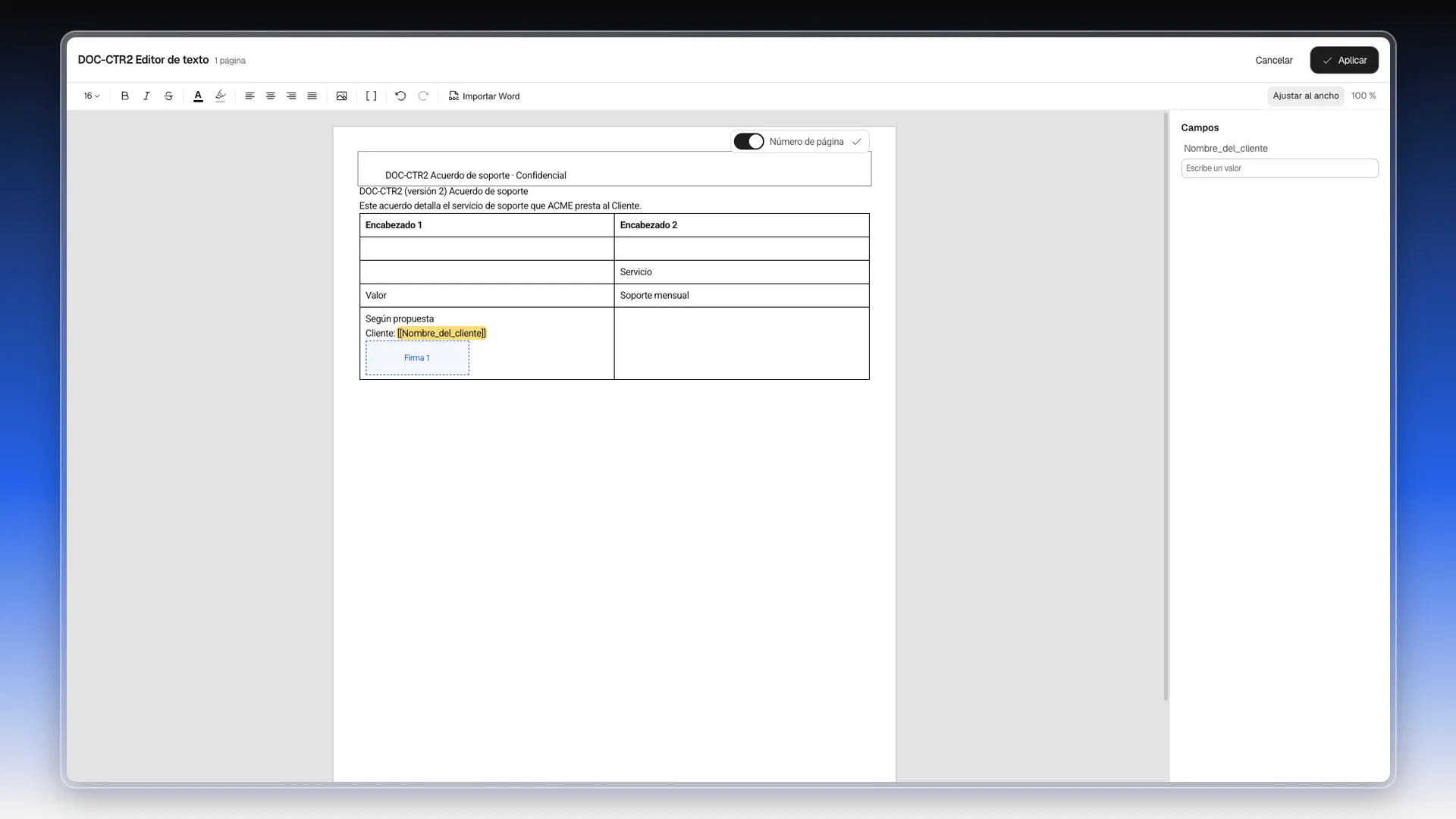 Recuadro del encabezado con el texto DOC-CTR2 Acuerdo de soporte · Confidencial y el interruptor Número de página activado