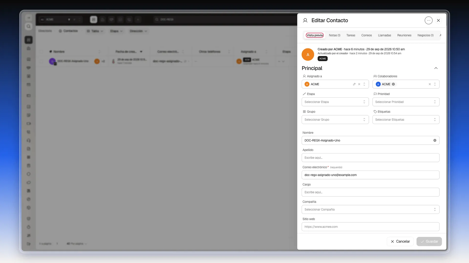 Ficha editable de un contacto abierta en la pestaña Vista previa