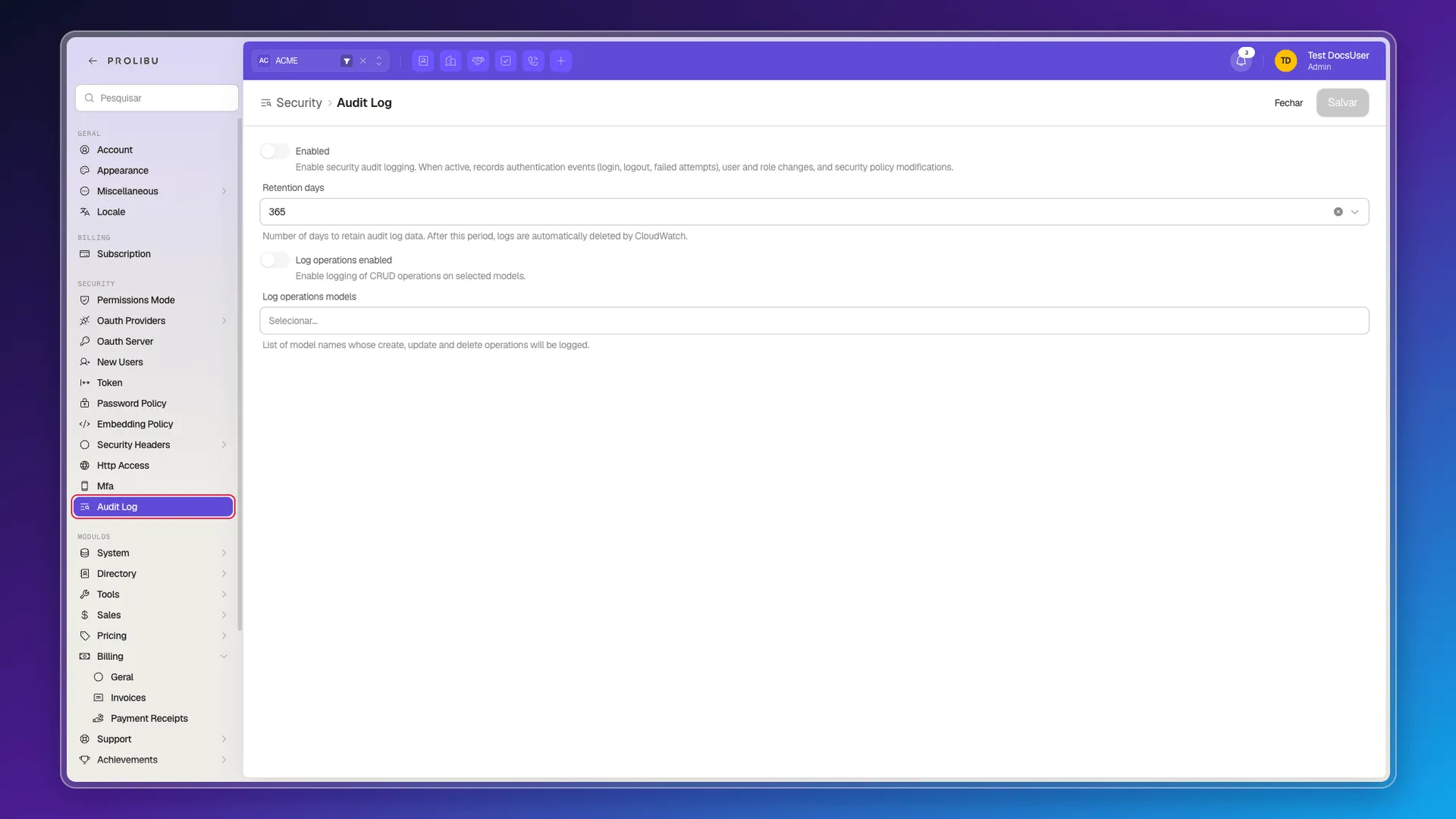 Painel Audit Log com Enabled, Retention days, Log operations enabled e Log operations models