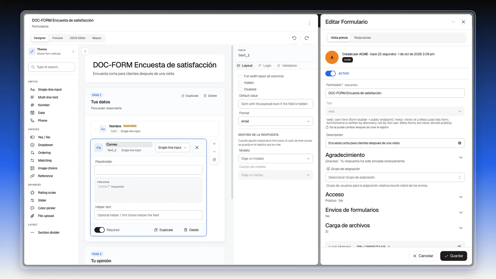 Campo Correo seleccionado con la pestaña Layout y Format en email