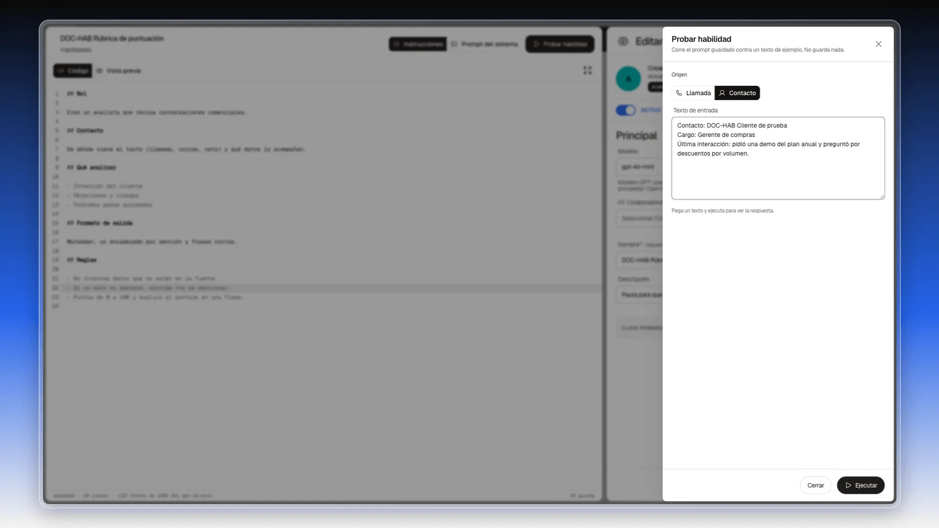 Panel Probar habilidad con el Origen Contacto elegido y un texto de ejemplo pegado en Texto de entrada