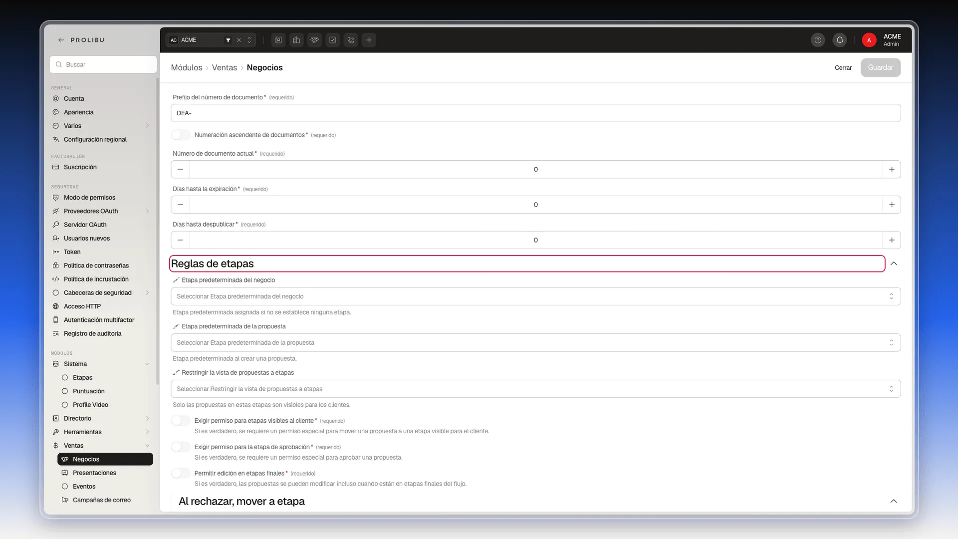 Preferencias en Módulos, Ventas, Negocios, con el bloque Reglas de etapas resaltado