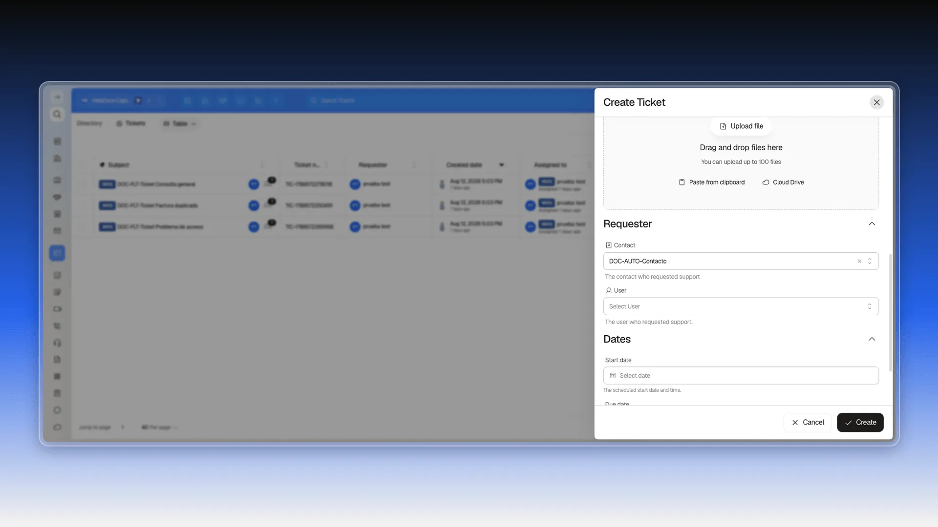 Create Ticket form with the Requester section and the Contact field filled in with DOC-AUTO-Contacto, highlighted