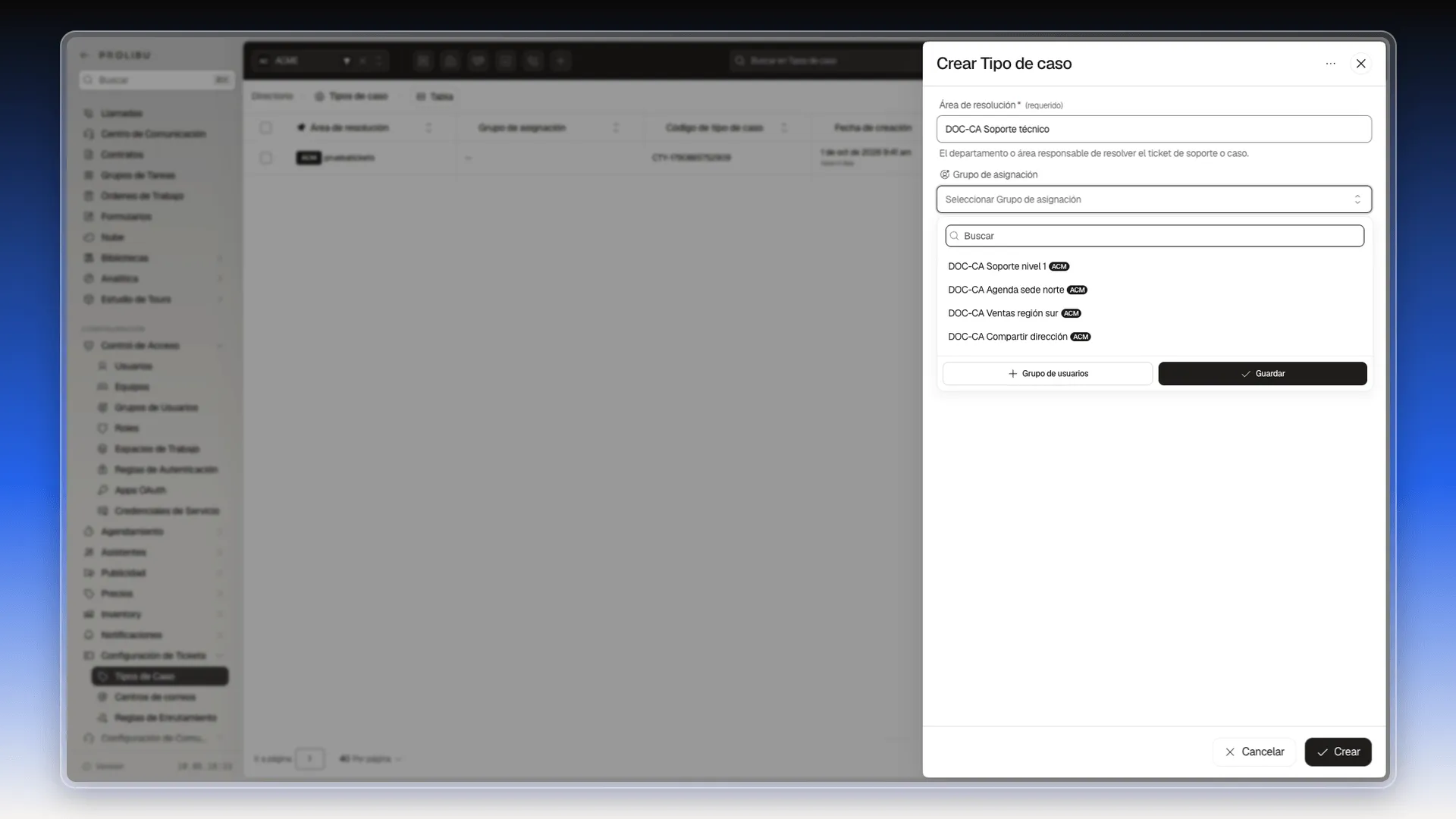 Panel Crear Tipo de caso con el desplegable Grupo de asignación abierto, que lista los grupos de usuarios del espacio de trabajo y el botón Grupo de usuarios