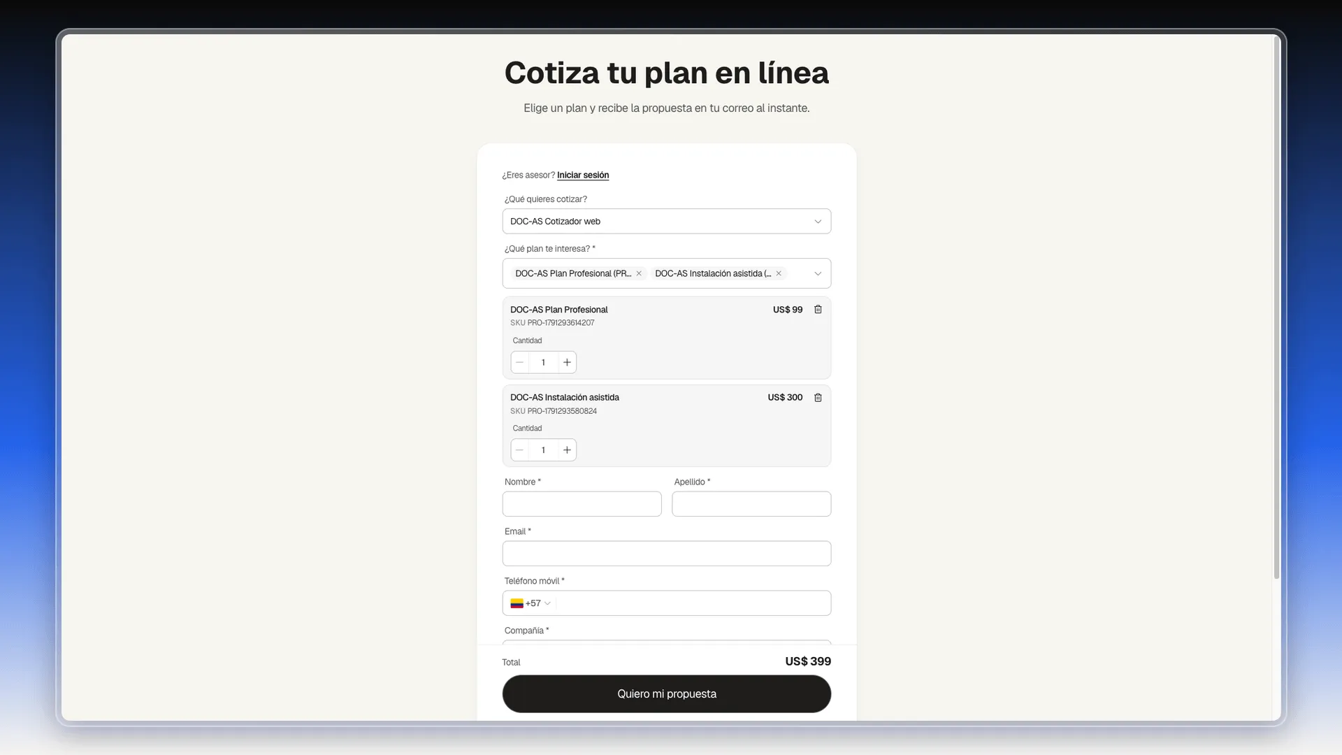 Página pública con dos productos elegidos, cada uno con su SKU, precio y cantidad, y el total de 399 dólares