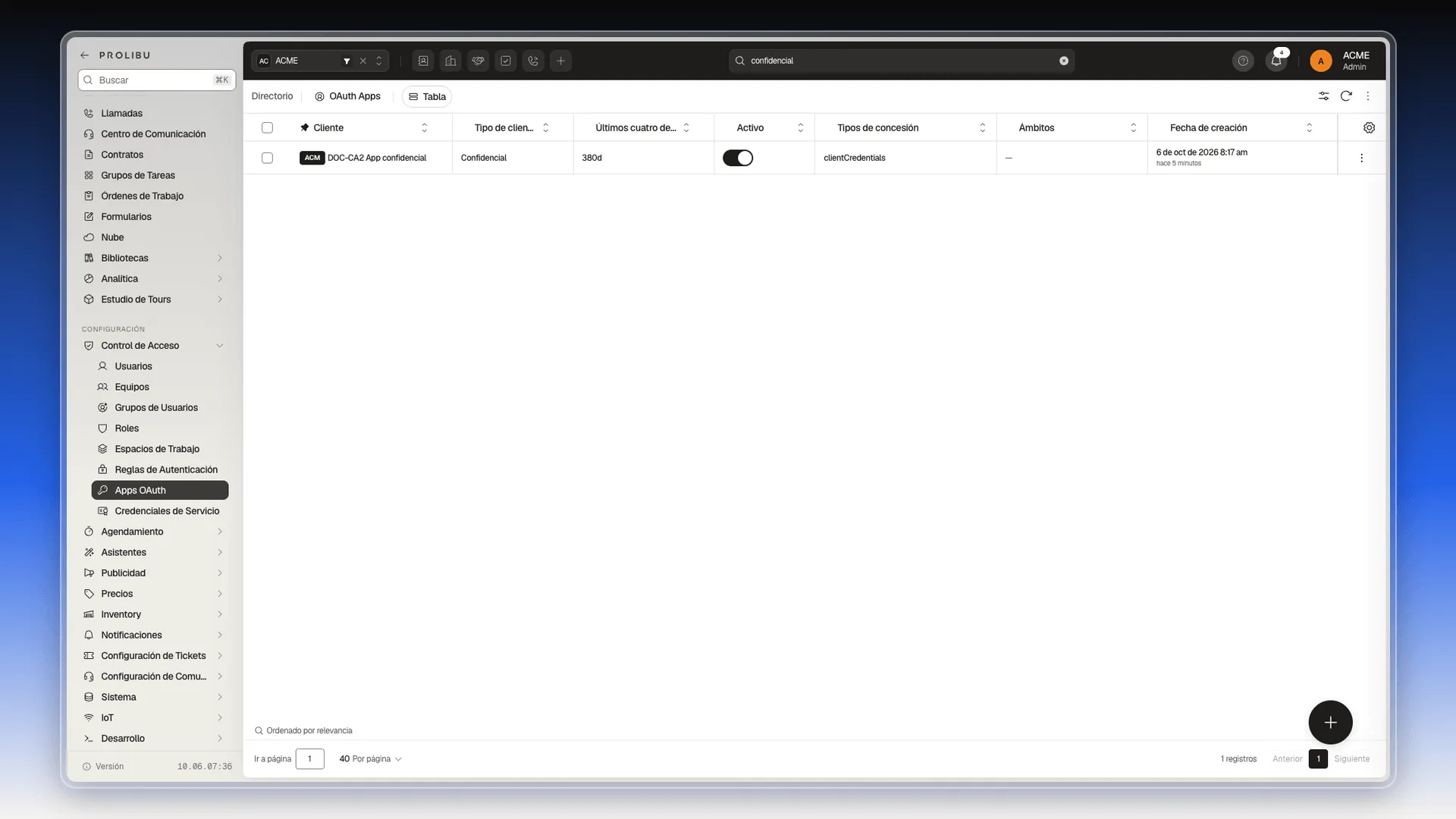 Lista de Apps OAuth filtrada con la palabra confidencial en el buscador y una sola app en la tabla