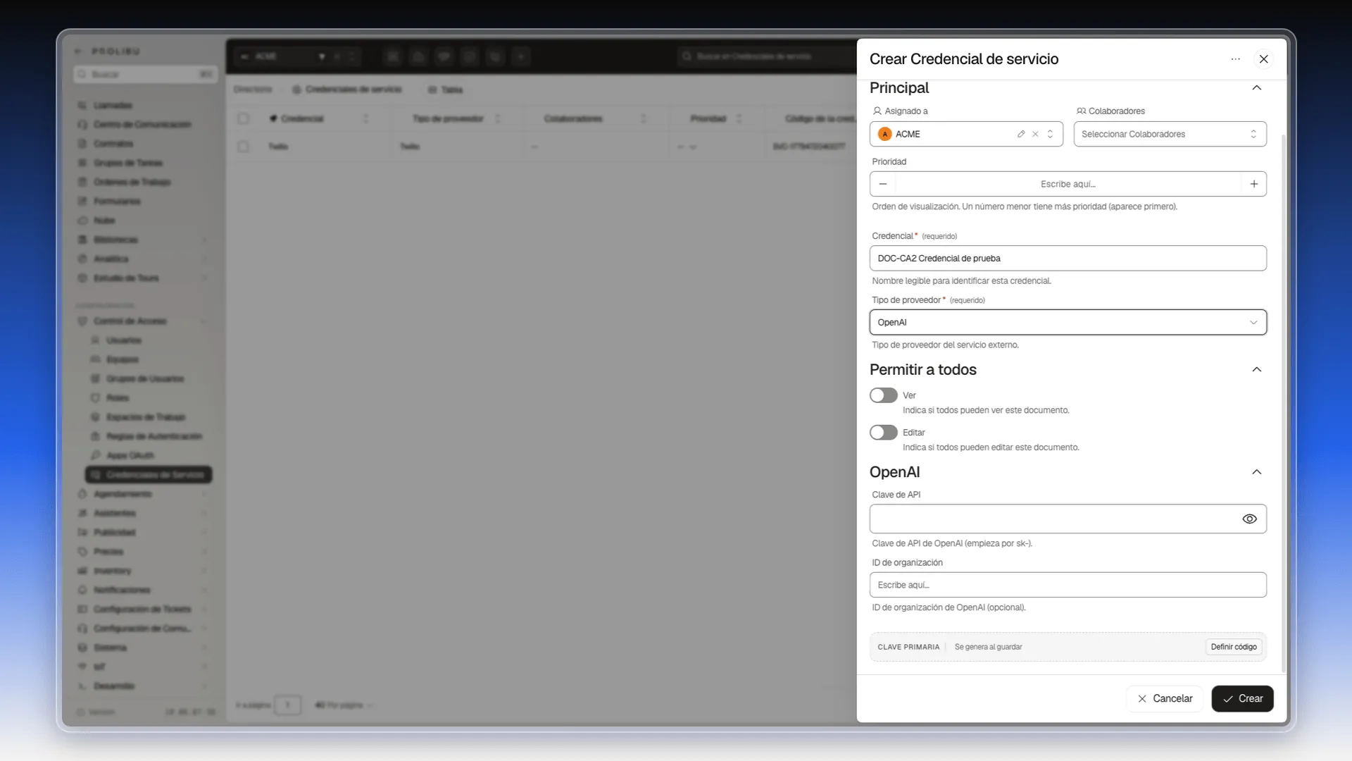 Formulario Crear Credencial de servicio con el tipo OpenAI y su sección con Clave de API e ID de organización