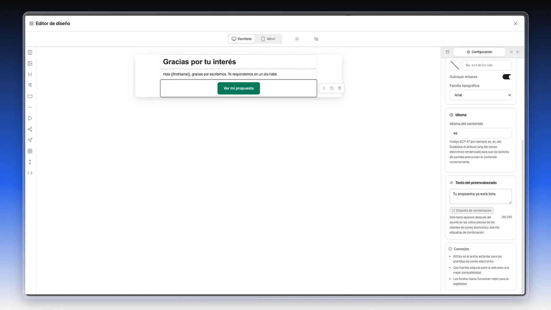 Pestaña Configuración del editor con el idioma y el texto del preencabezado rellenados