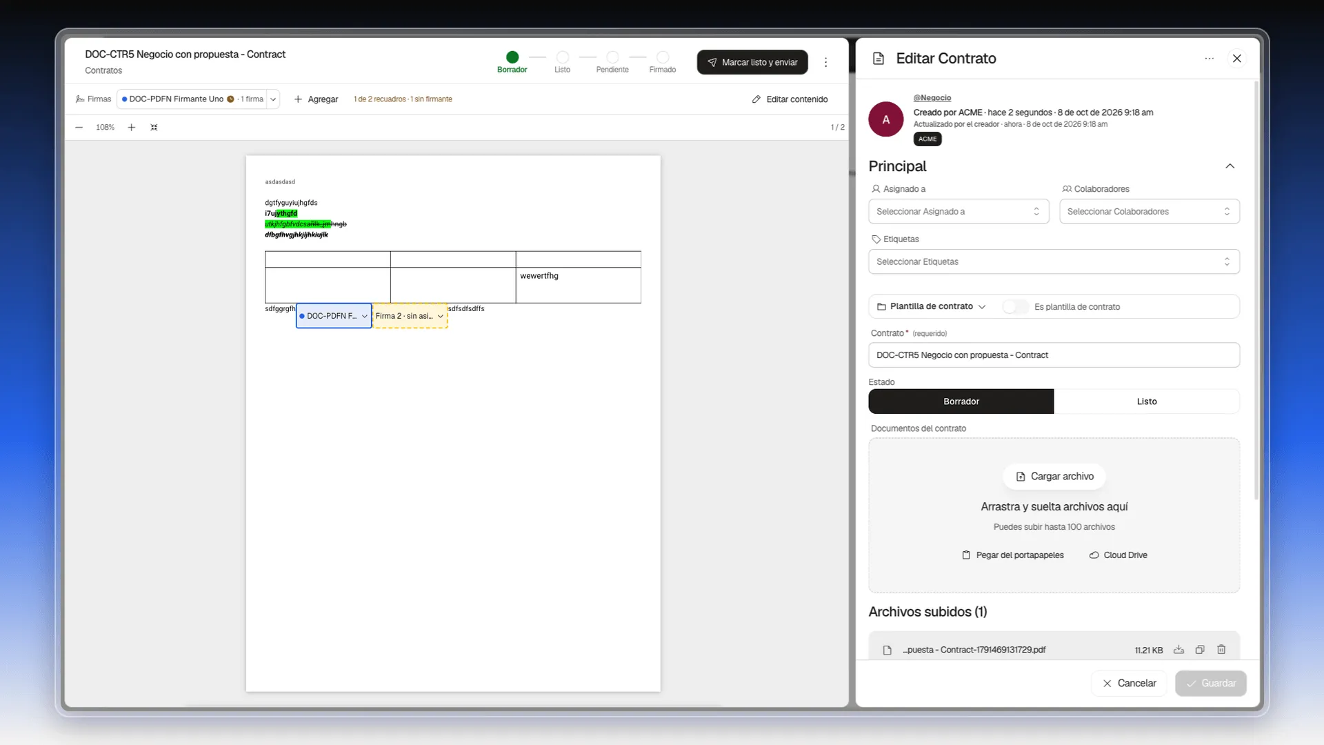 Contrato creado con una plantilla y una propuesta, en Borrador, con el visor en la hoja 1 de 2 y el contacto del negocio como firmante