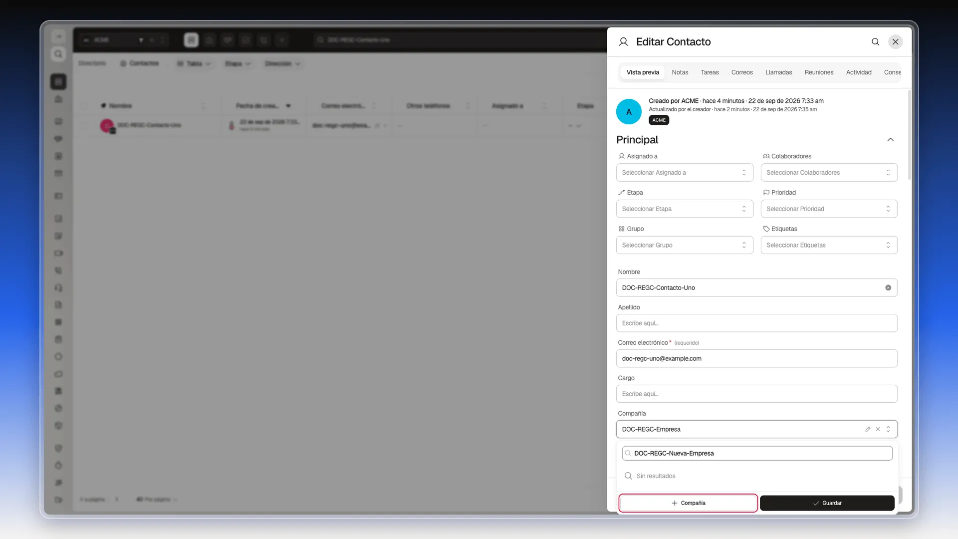Selector de Compañía con una búsqueda sin resultados y el botón + Compañía para crear una compañía nueva, resaltado