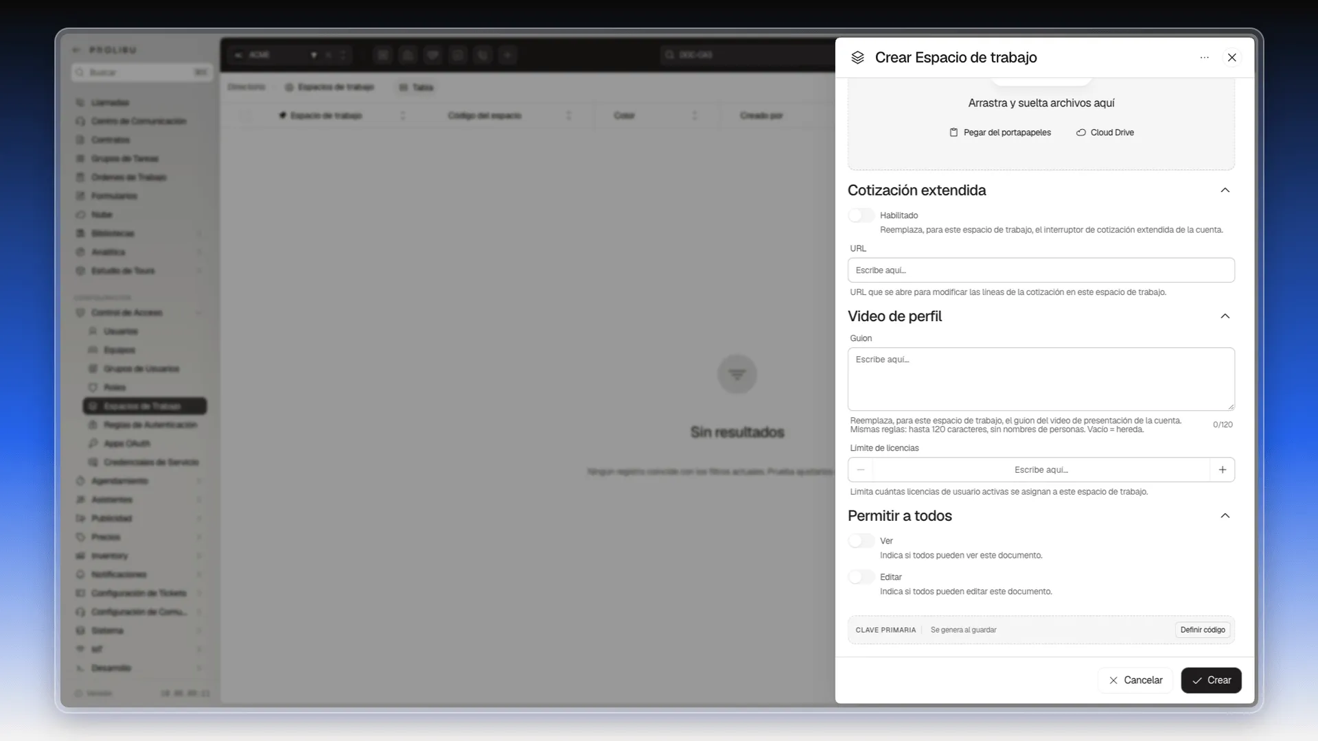 Parte inferior del panel Crear Espacio de trabajo con Cotización extendida, Video de perfil (Guion), Límite de licencias, Permitir a todos y Clave primaria con el botón Definir código
