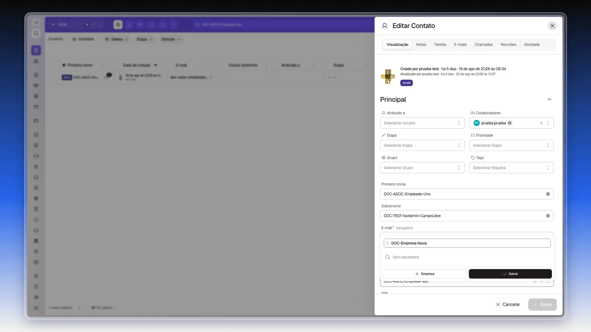 Seletor de Empresa mostrando "Sem resultados" para o nome pesquisado, com o botão + Empresa destacado