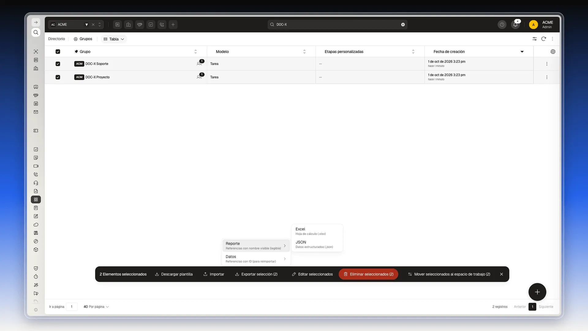 Segundo nivel del menú, con los formatos Excel y JSON