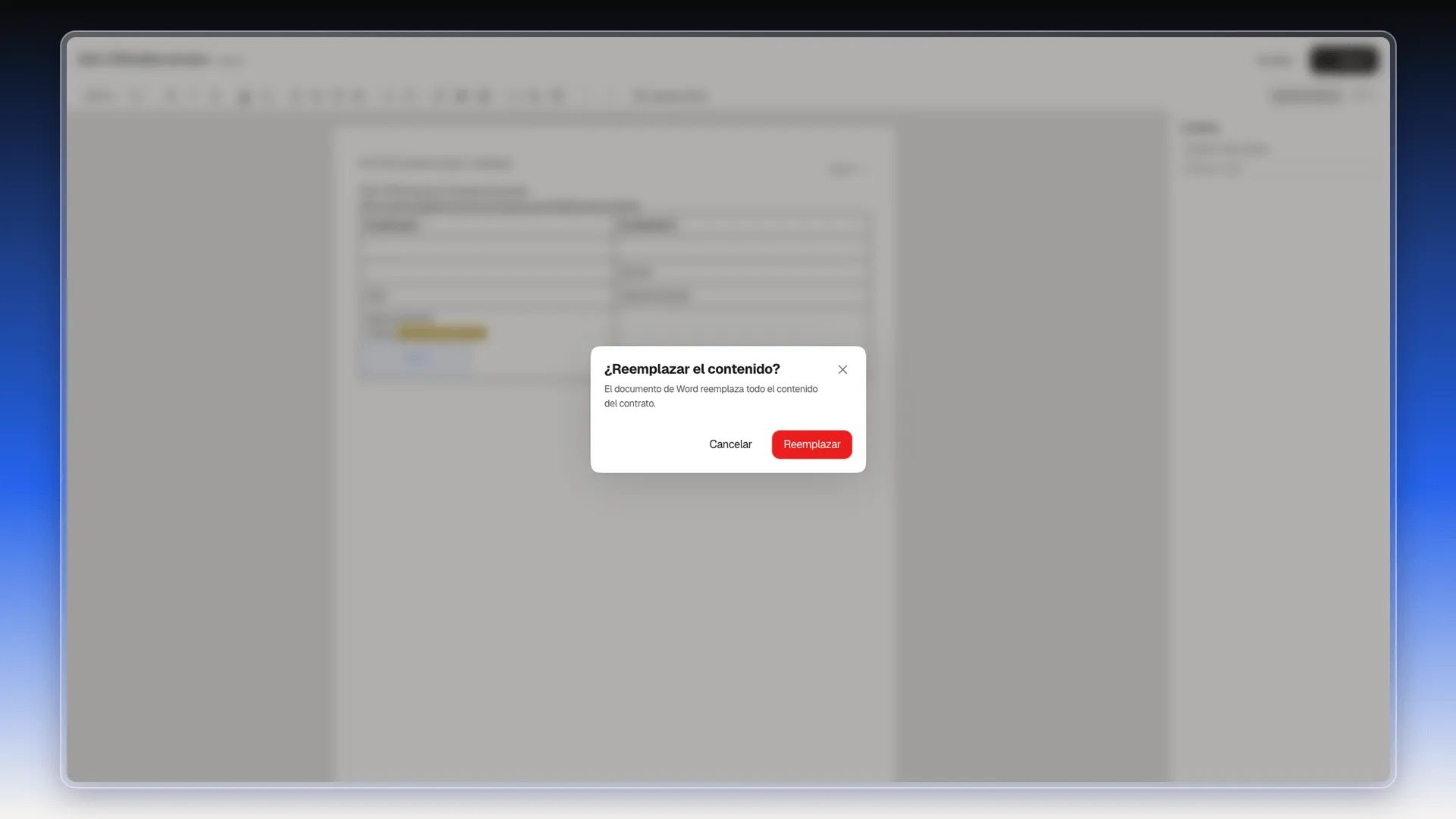 Aviso ¿Reemplazar el contenido? con los botones Cancelar y Reemplazar sobre el editor