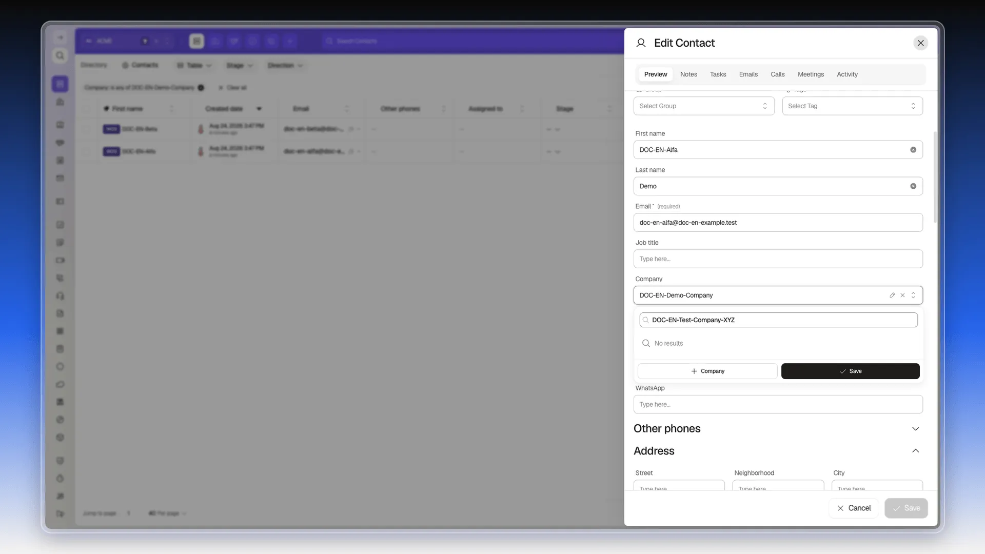 Company selector with a no-results search and the + Company button to create a new company, highlighted