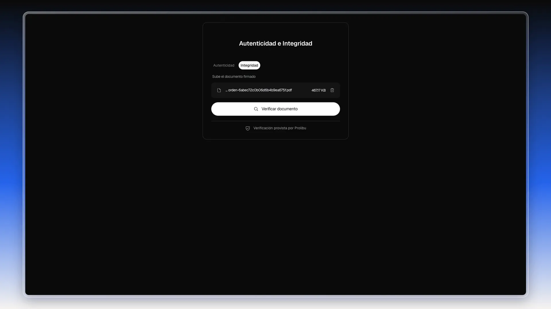 Pestaña Integridad con un PDF firmado cargado y el botón Verificar documento