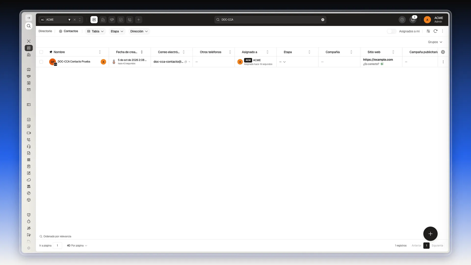 Lista de Contactos filtrada por un contacto de prueba