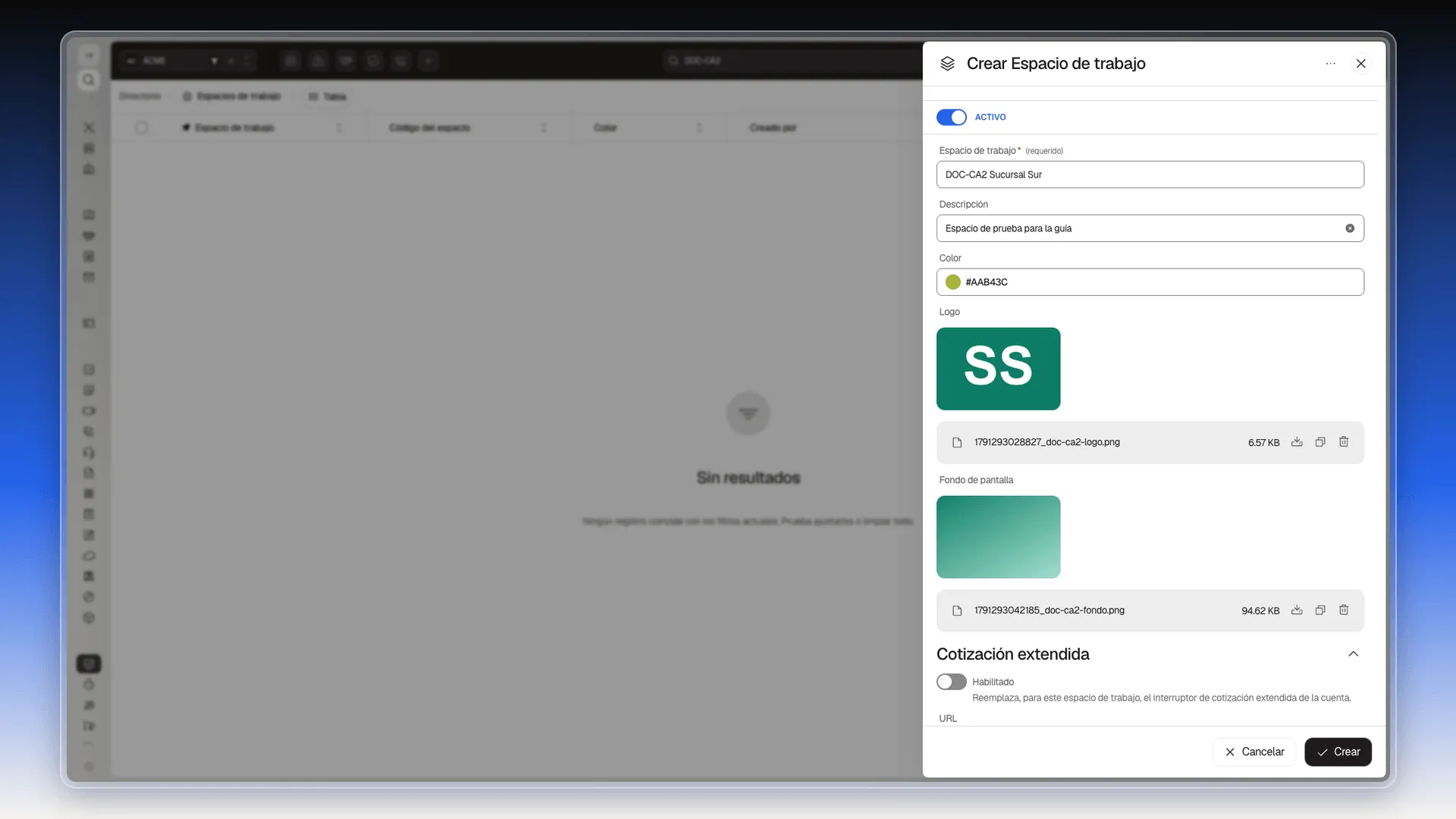 Panel Crear Espacio de trabajo con el logo y el fondo de pantalla ya cargados, cada uno con su vista previa, el nombre del archivo y los botones de descarga y papelera