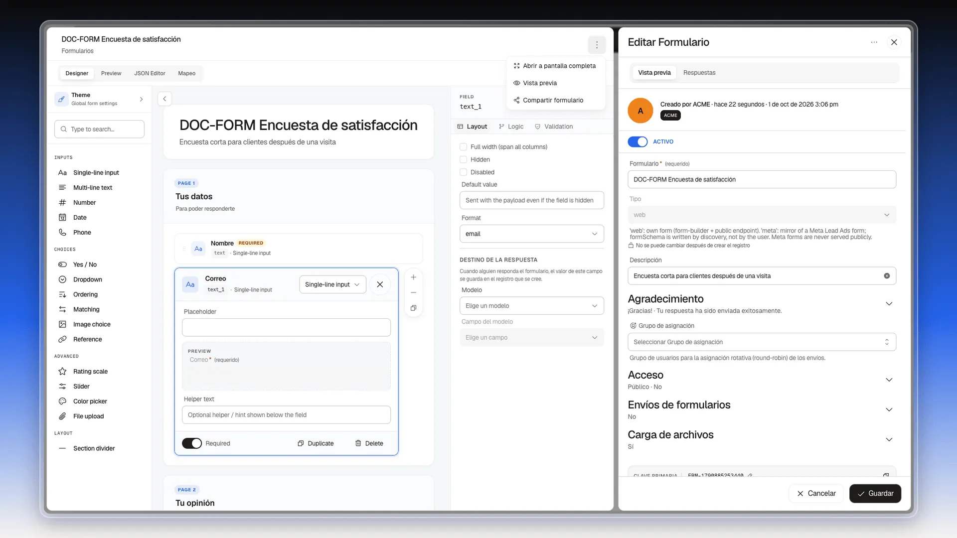 Menú del editor abierto con Abrir a pantalla completa, Vista previa y Compartir formulario