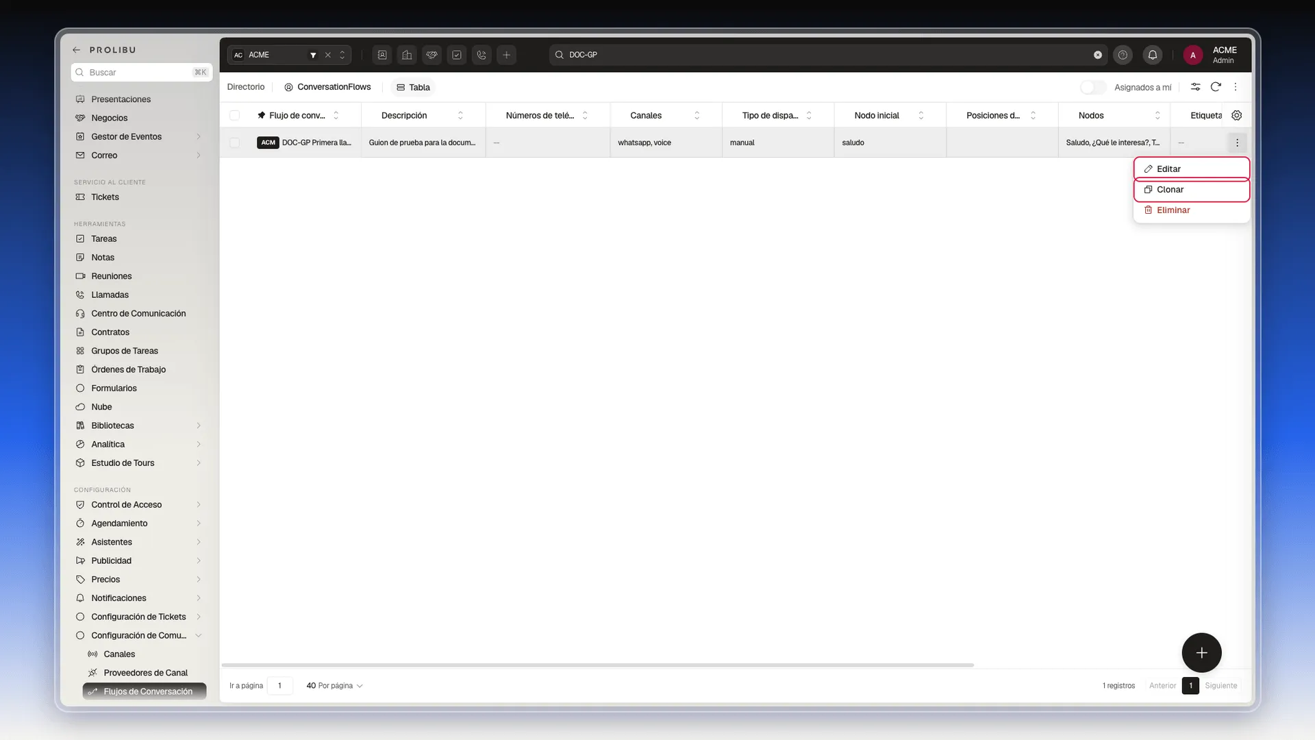 Menú de tres puntos de un flujo de conversación con Editar y Clonar resaltados