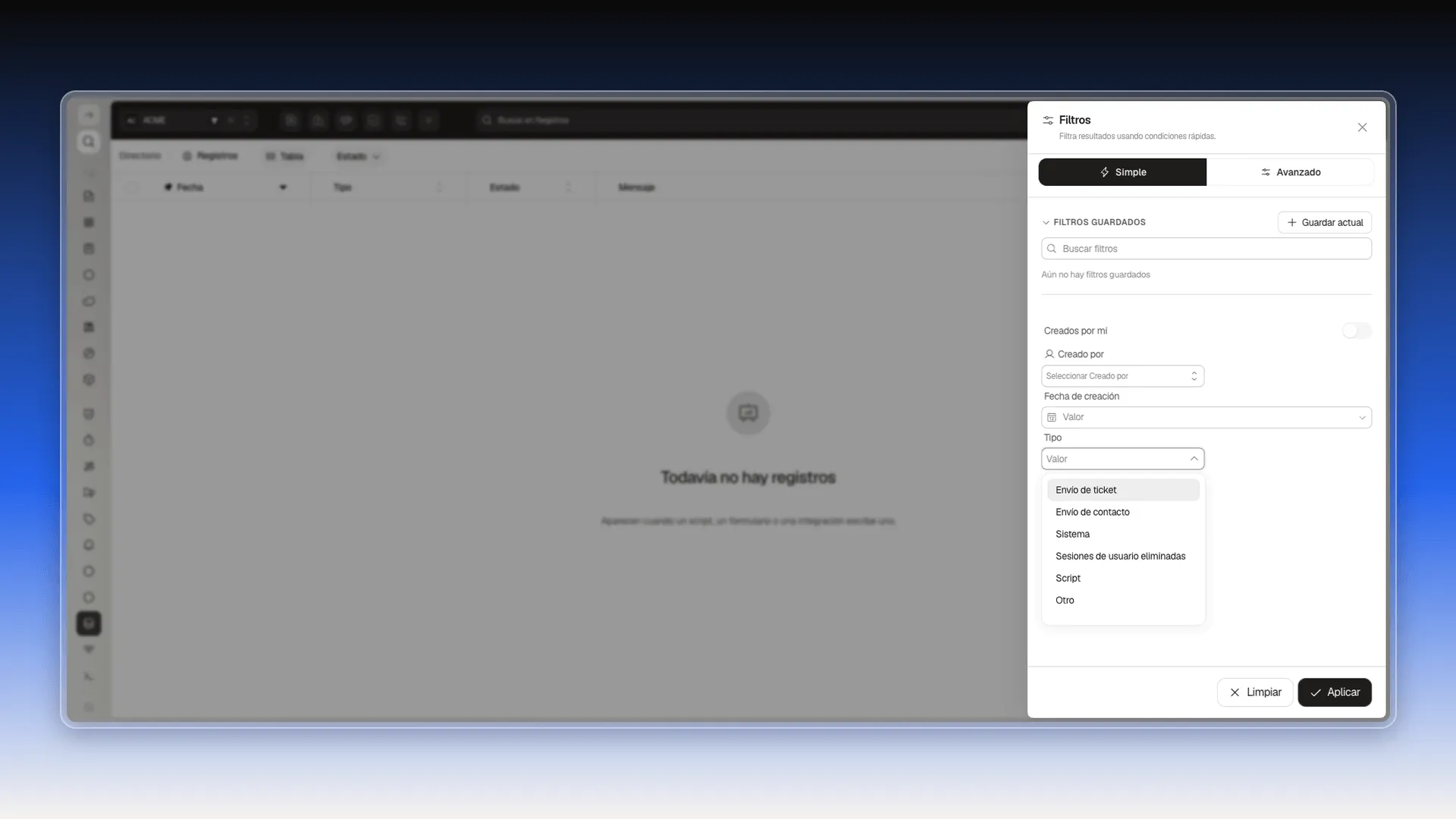 Panel de Filtros con el desplegable Tipo abierto y sus seis opciones