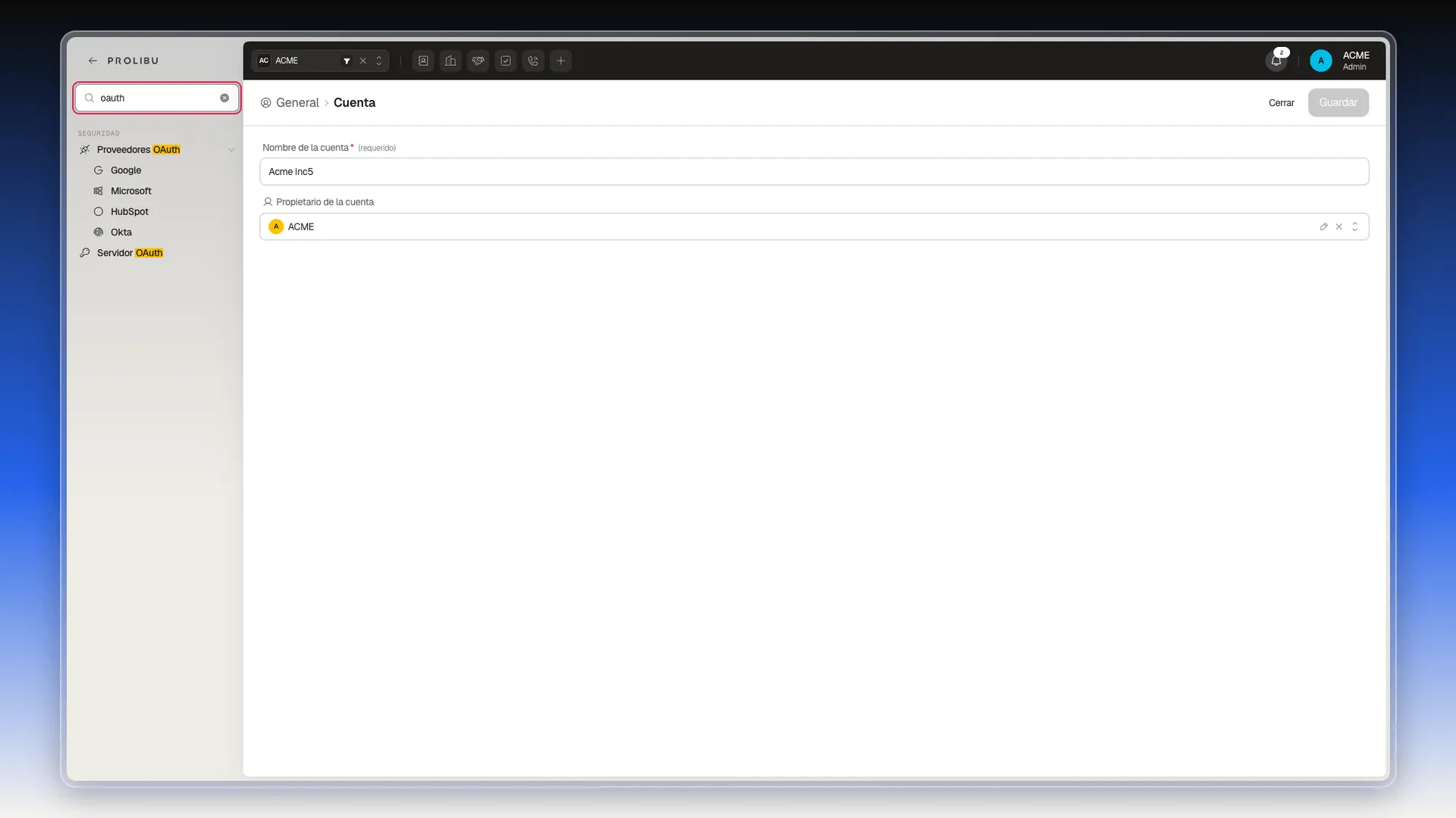 Buscador del panel de Preferencias filtrando el menú por la palabra oauth