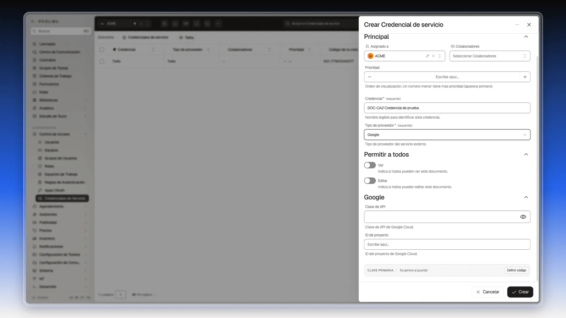 Formulario Crear Credencial de servicio con el tipo Google y su sección con Clave de API e ID de proyecto