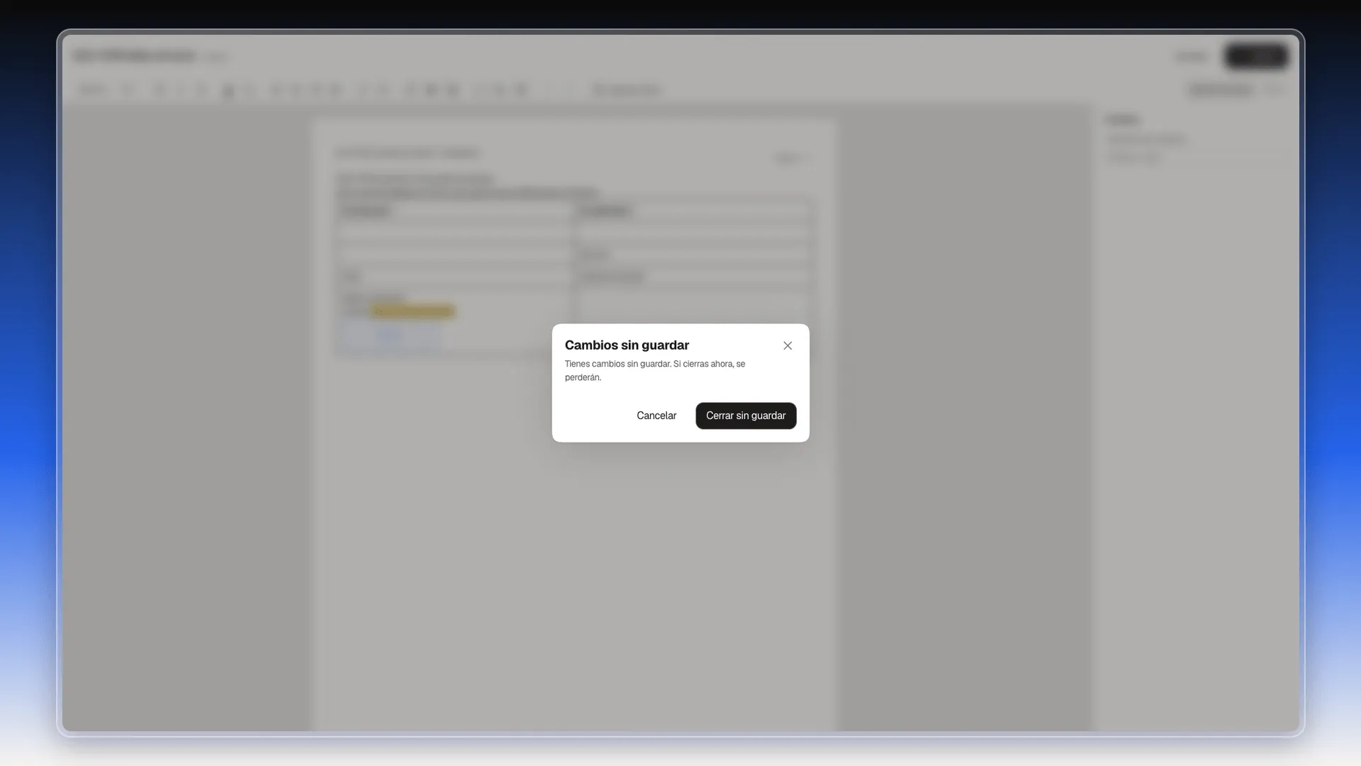 Aviso Cambios sin guardar del editor, con los botones Cancelar y Cerrar sin guardar