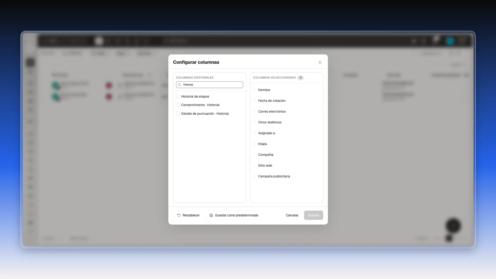 Configurar columnas con la búsqueda Historial y sus tres resultados