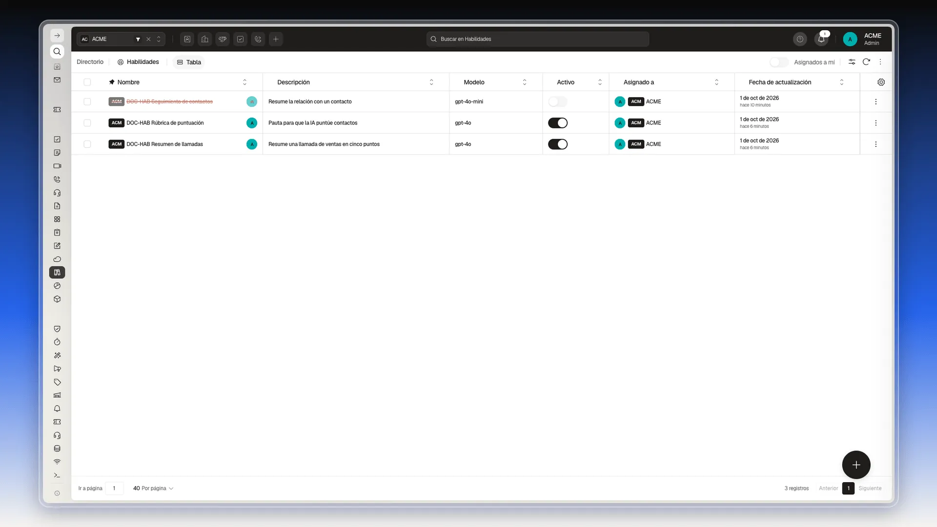 Panel Importar datos con la tarea Habilidades, Edición masiva, Completado y 2 actualizados