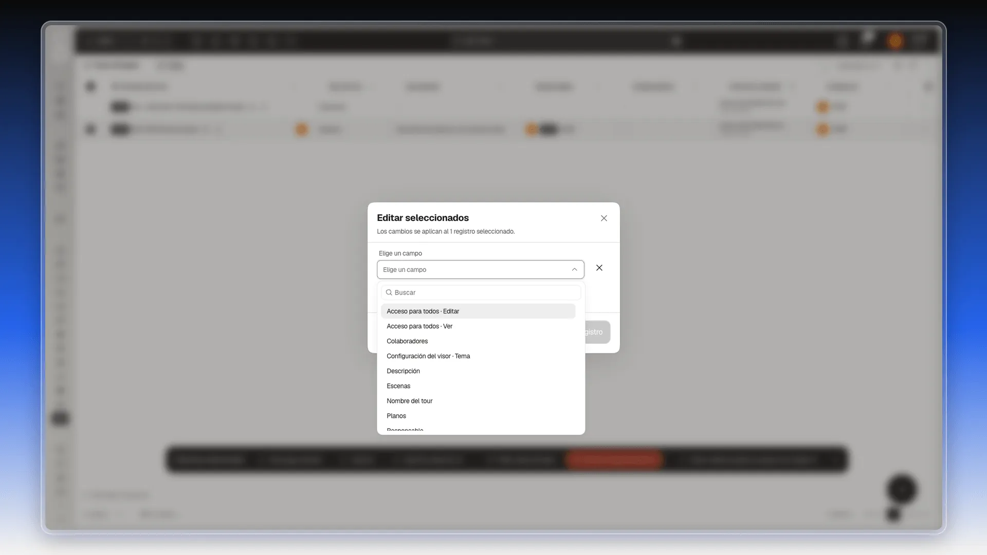 Cuadro Editar seleccionados con la lista de campos que se pueden cambiar en varios tours a la vez
