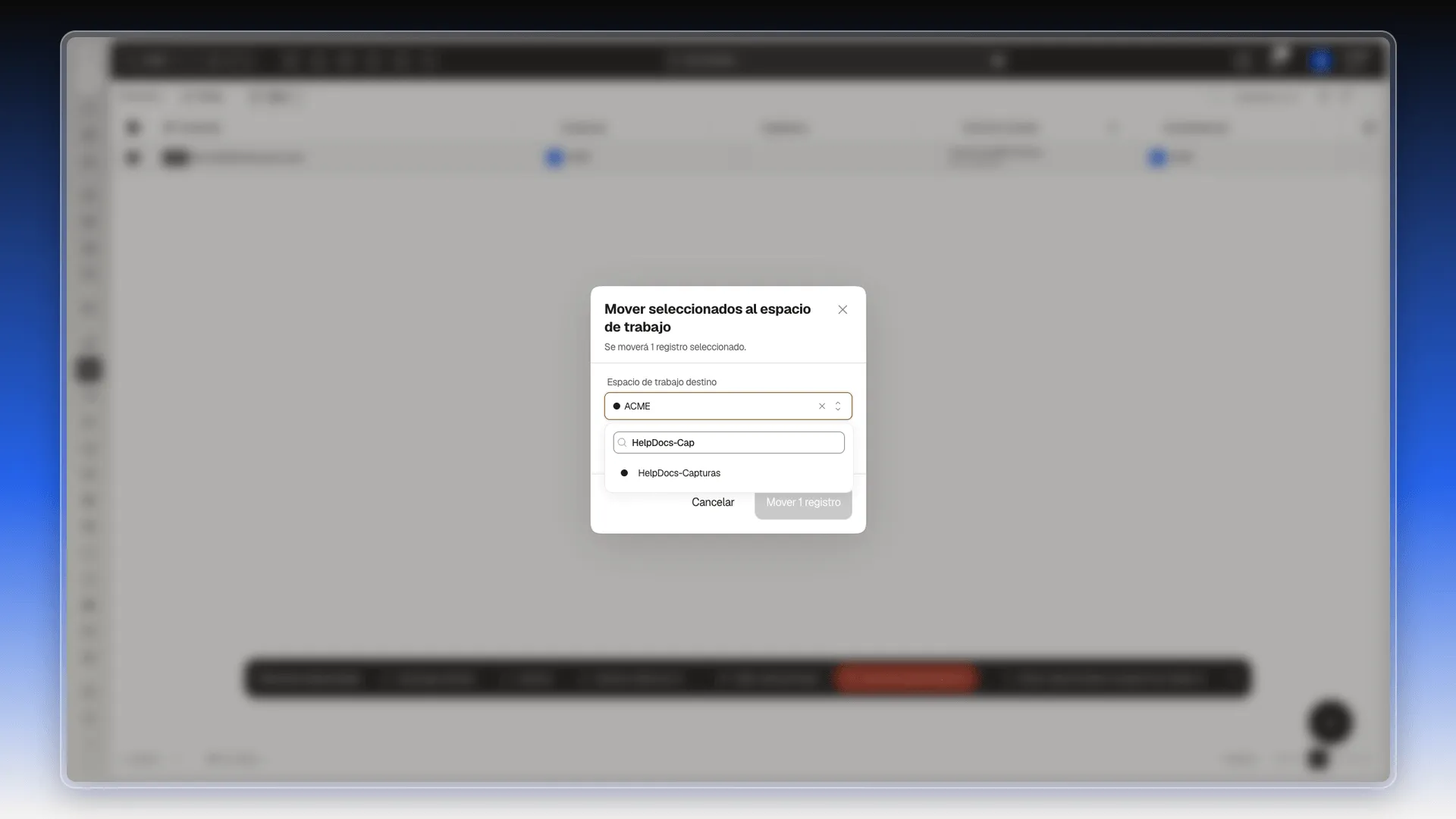 Lista de espacios de trabajo filtrada con la búsqueda HelpDocs-Cap y una sola opción